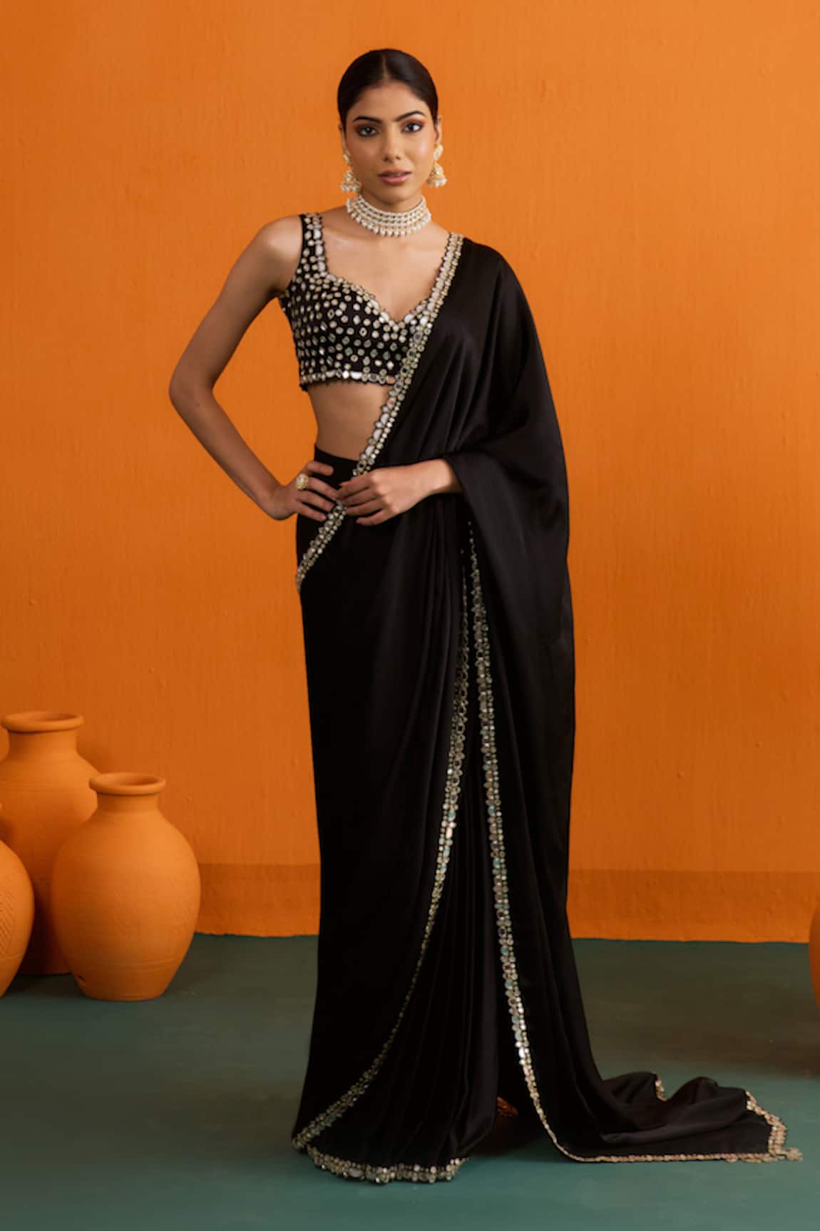 Bhawna Sethi Chandni Mirrorwork & Cutwork Pre-Draped Saree Set