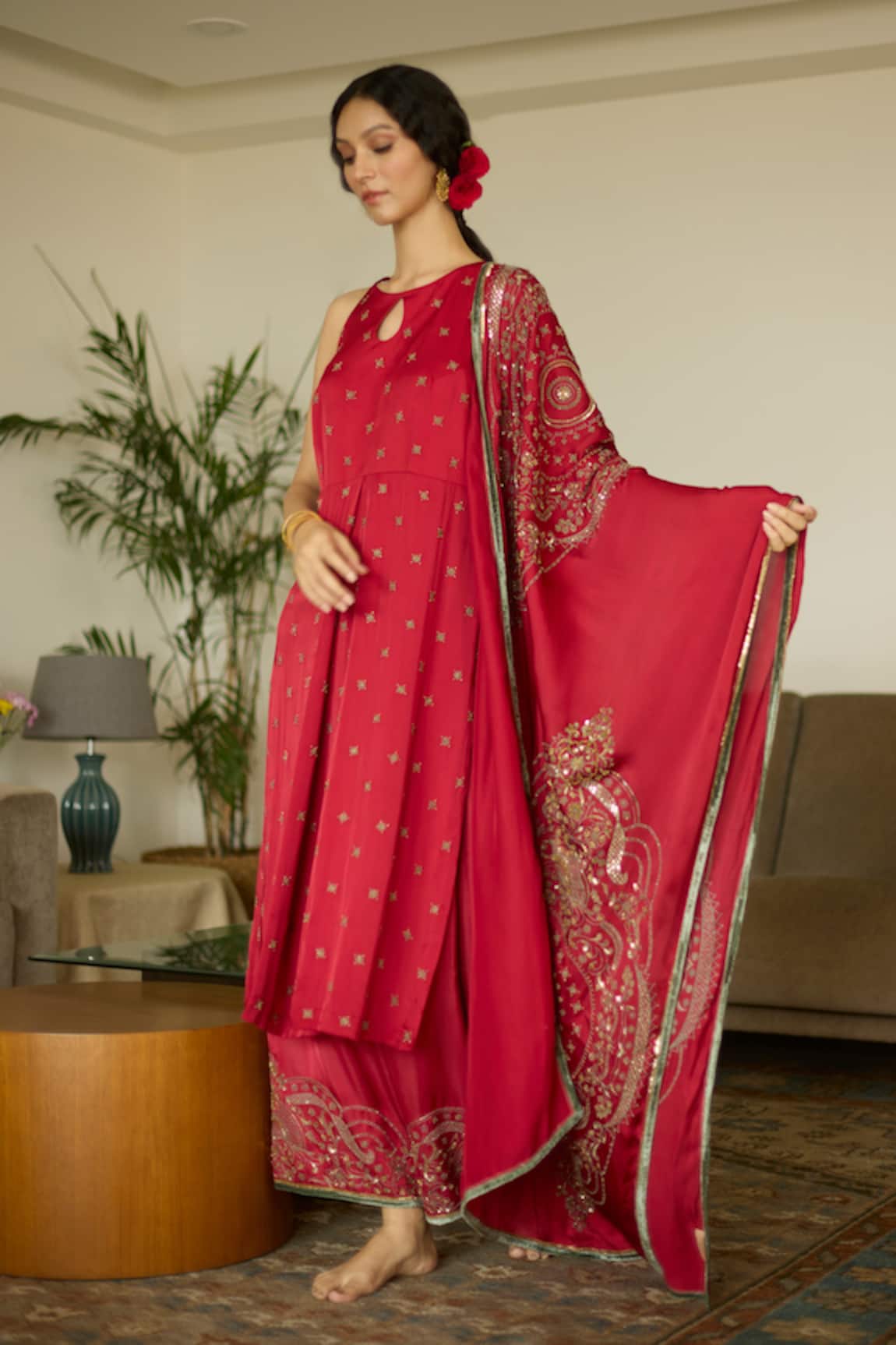 Sarang Kaur Red Hand Embroidered Sequin Dupatta