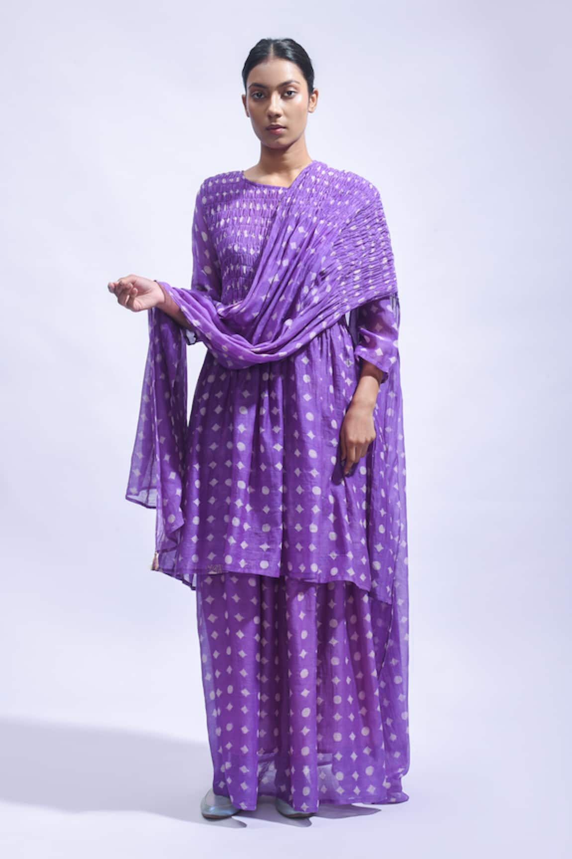 JAYATI GOENKA Violet Smocked Block Print Kurta Skirt Set