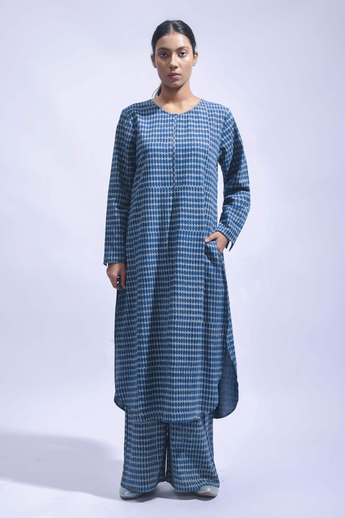 JAYATI GOENKA Indigo Block Printed Chambray Kurta & Pant Set