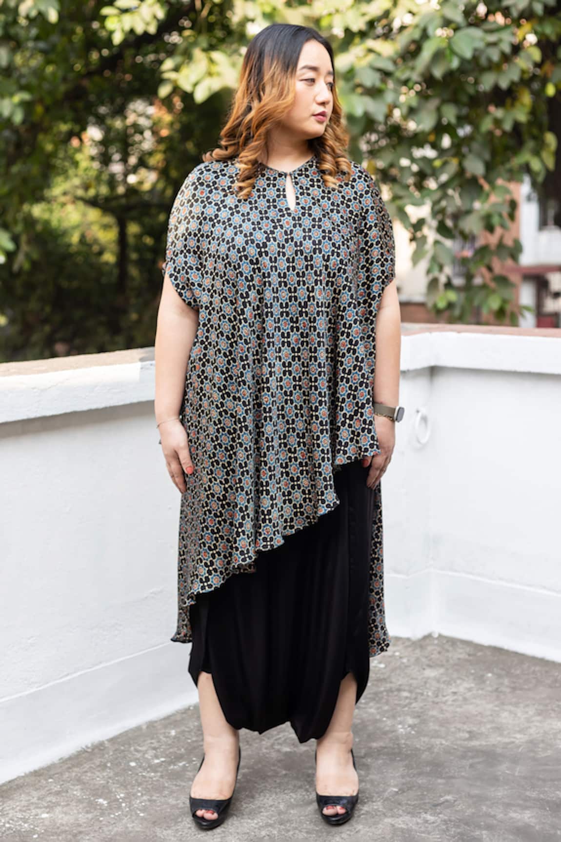 Prahnaaya Ajrakh Hand-Blocked Asymmetric Tunic & Dhoti Skirt Set