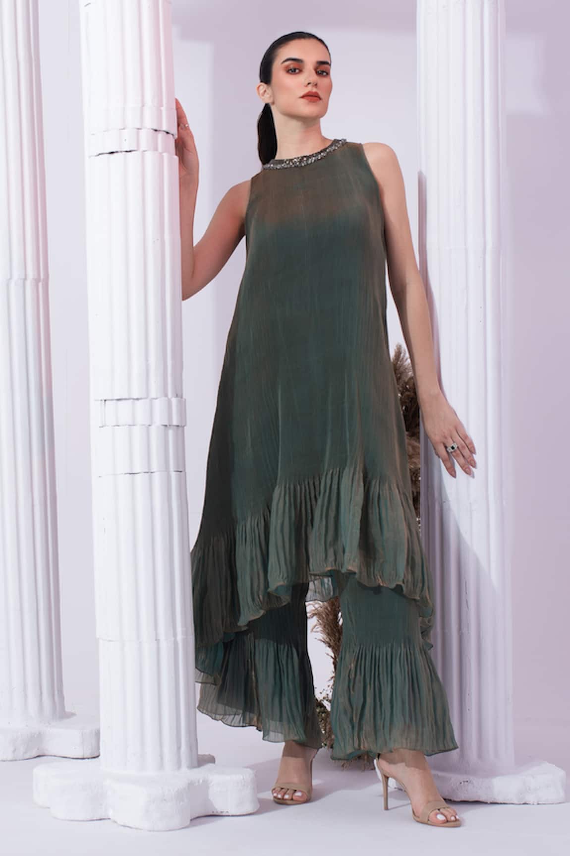 Preeti Mehta Metallic Moss Green High Neck Kurta Set 