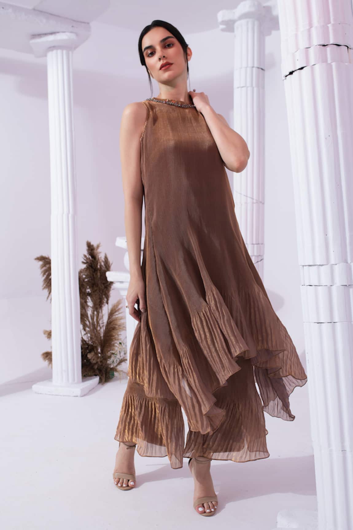 Preeti Mehta Metallic Chestnut High Neck Kurta Set 