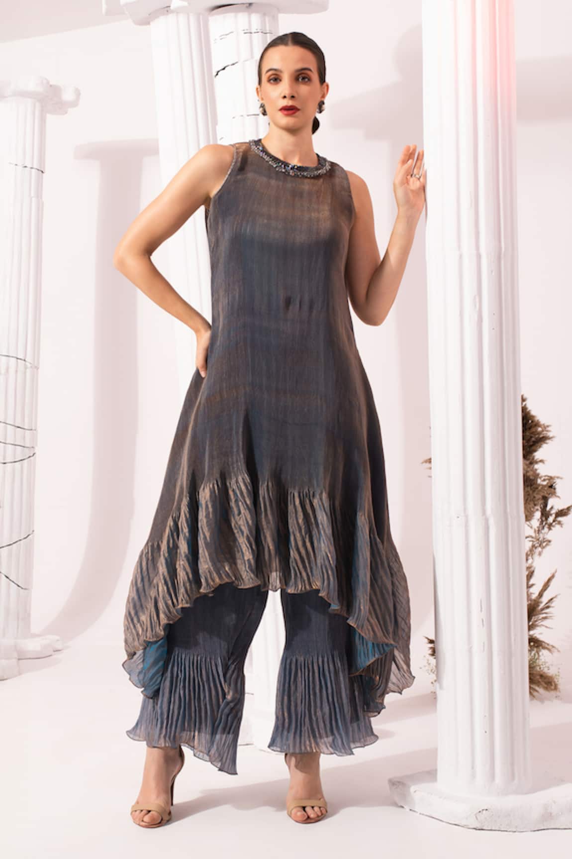 Preeti Mehta Metallic Steel Blue High Neck Kurta Set 