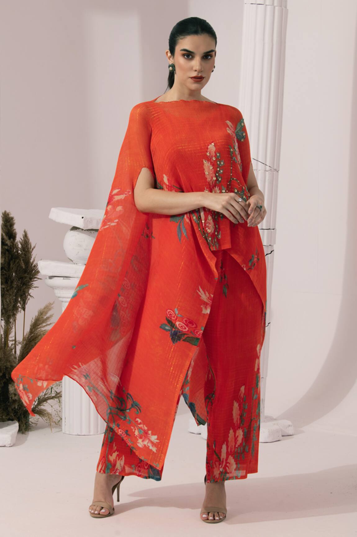 Preeti Mehta Wildflower Muse Orangey Red Kaftan & Pant Set 