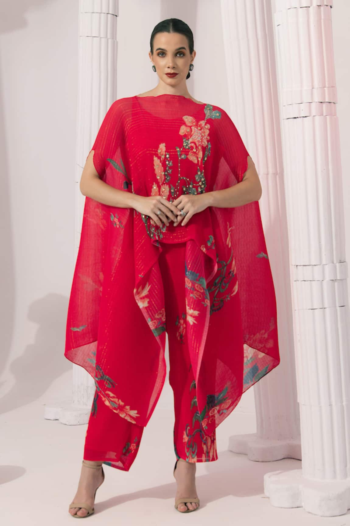 Preeti Mehta Wildflower Muse Cherry Red Kaftan & Pant Set 