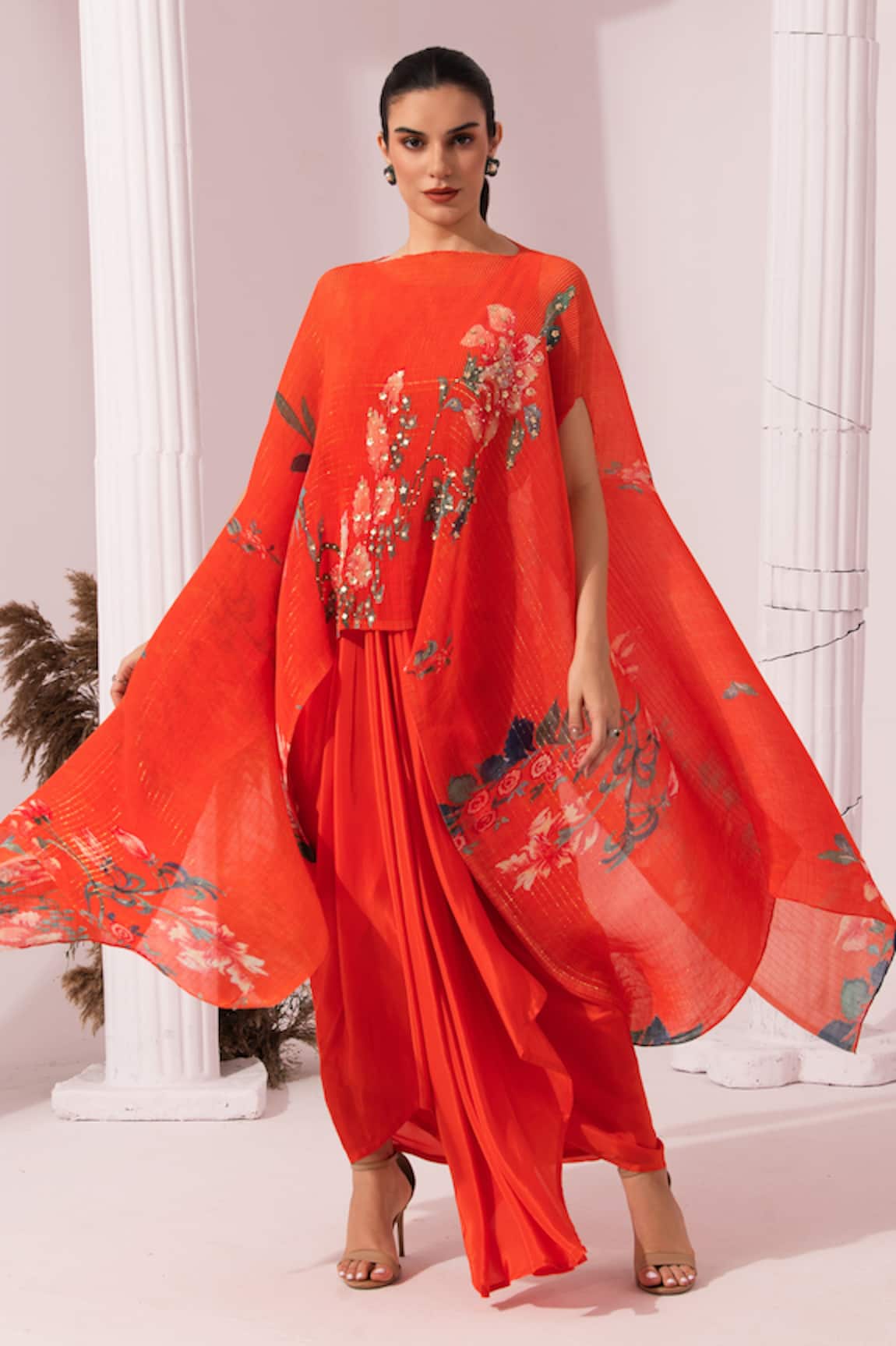 Preeti Mehta Wildflower Muse Orangey Red Kaftan & Dhoti Skirt Set 