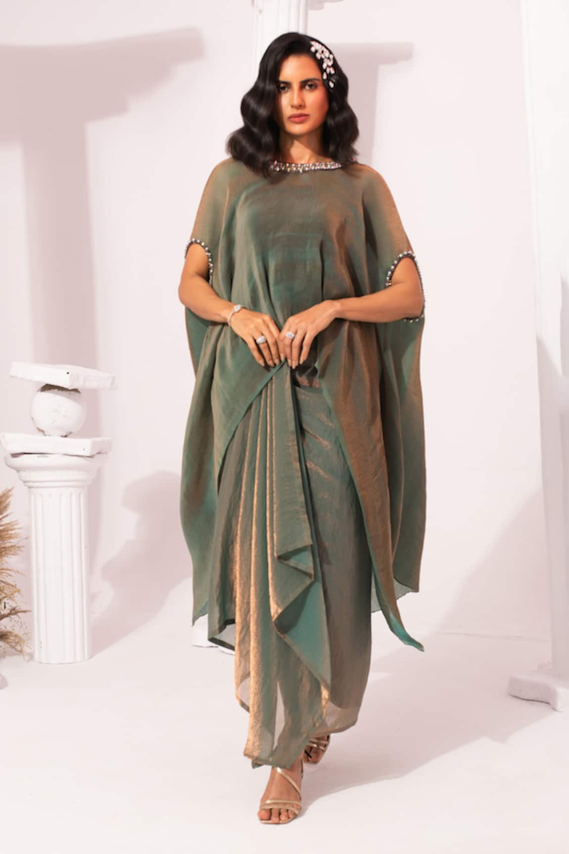 Preeti Mehta Metallic Moss Green Kaftan & Dhoti Skirt Set 