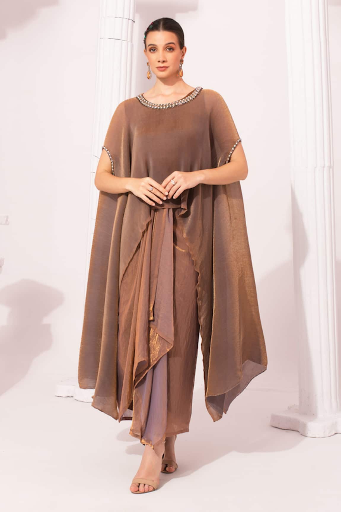 Preeti Mehta Metallic Chestnut Kaftan & Dhoti Skirt Set 