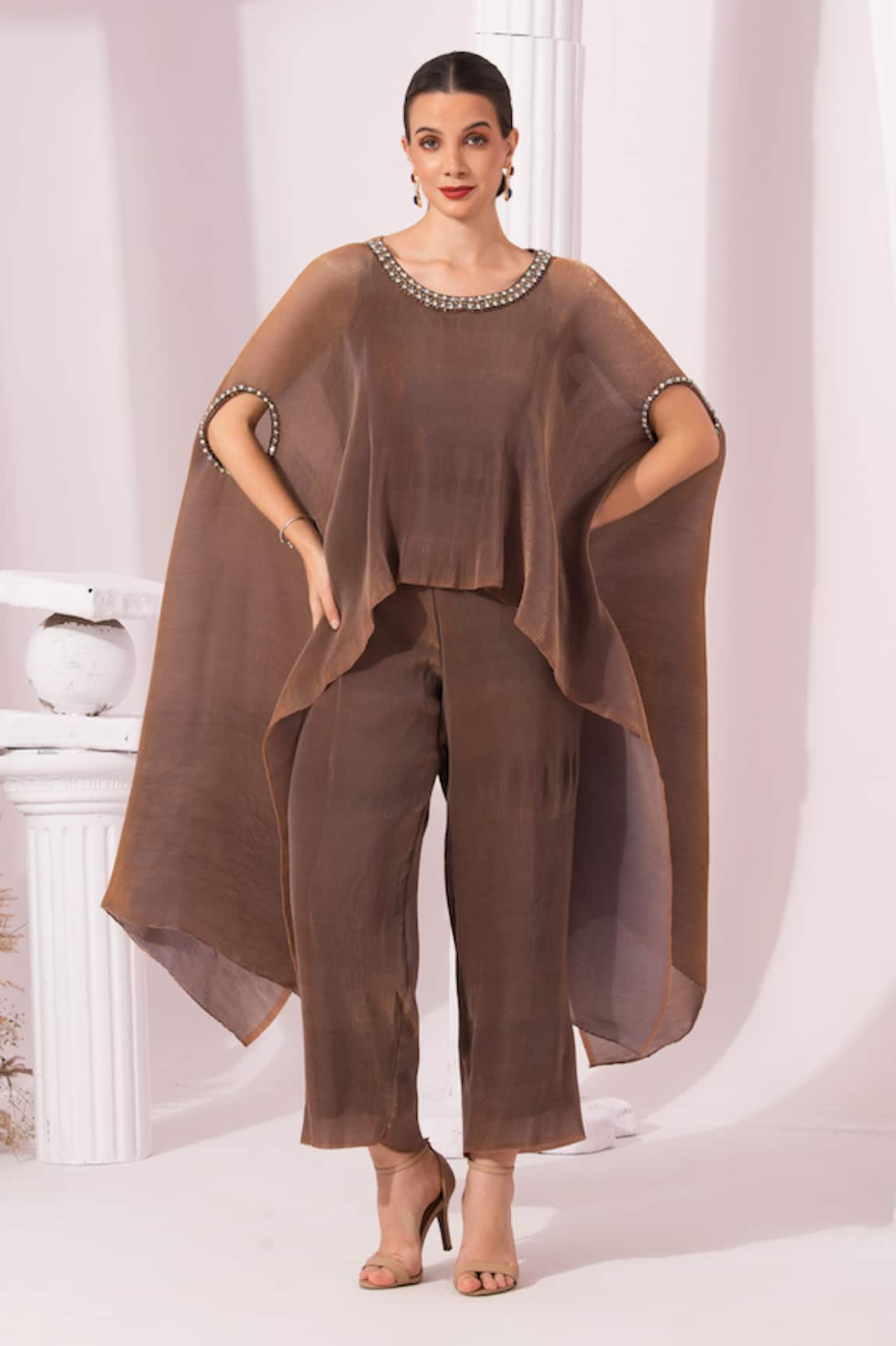Preeti Mehta Metallic Chestnut Kaftan & Pant Set 