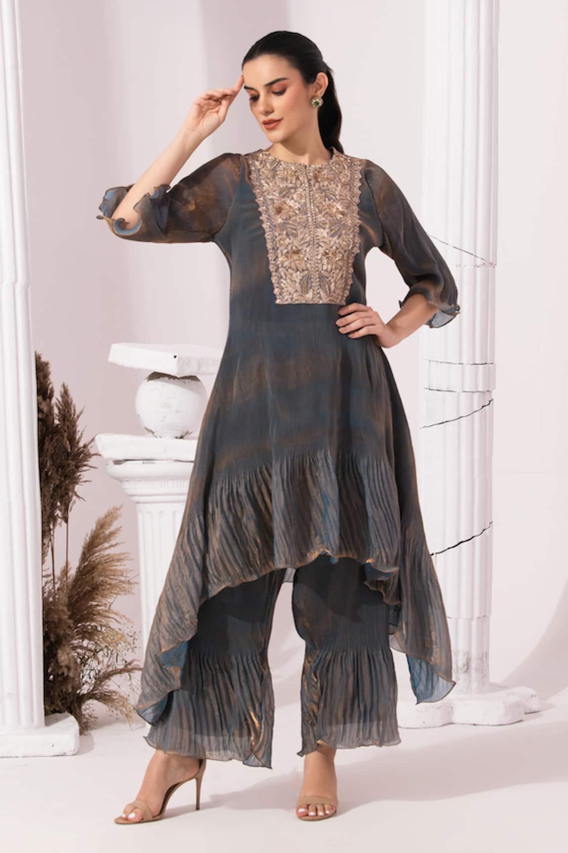 Preeti Mehta Metallic Steel Blue Kurta & Sharara Set 