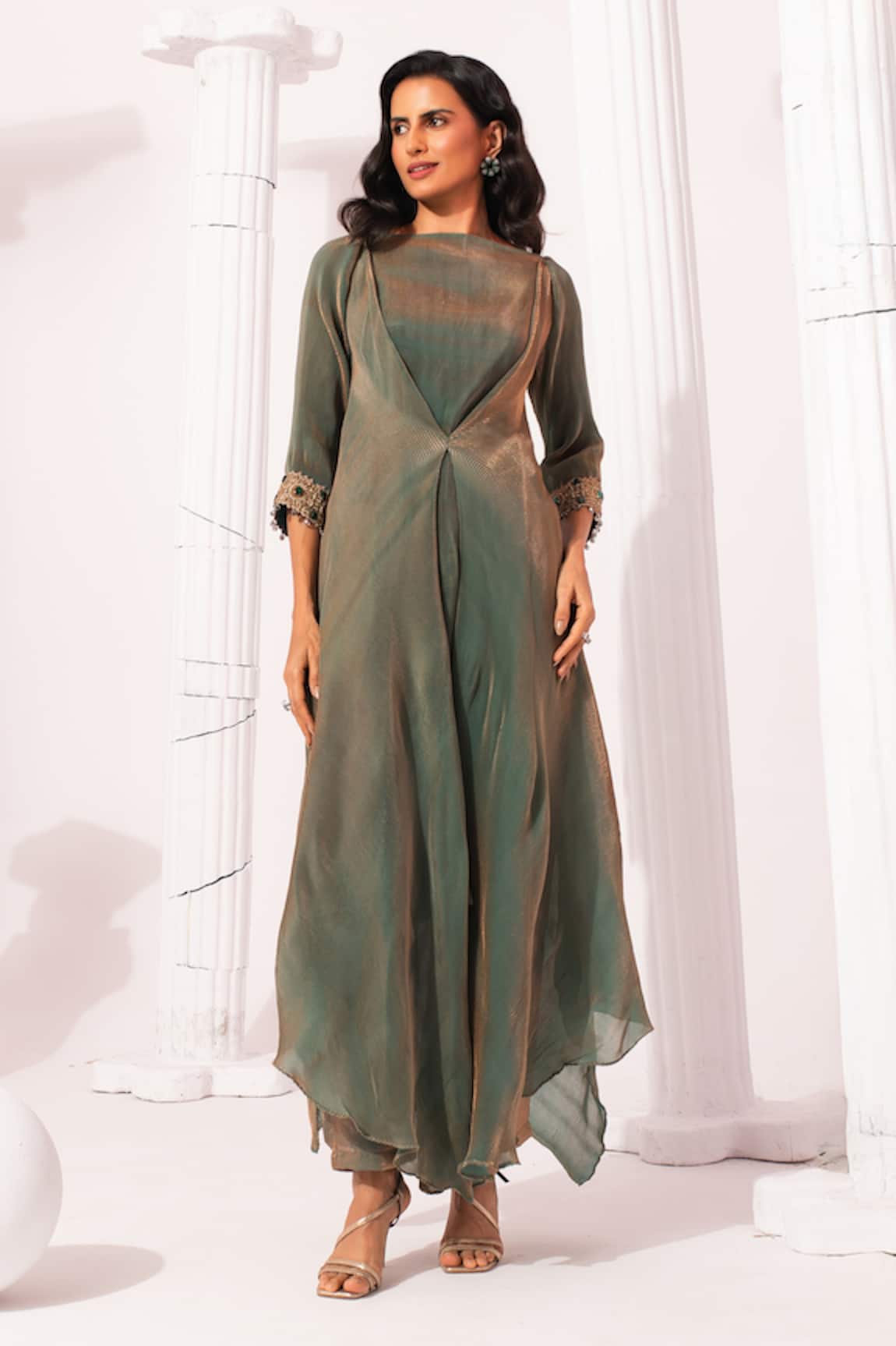Preeti Mehta Metallic Moss Green Draped Kurta & Pant Set 