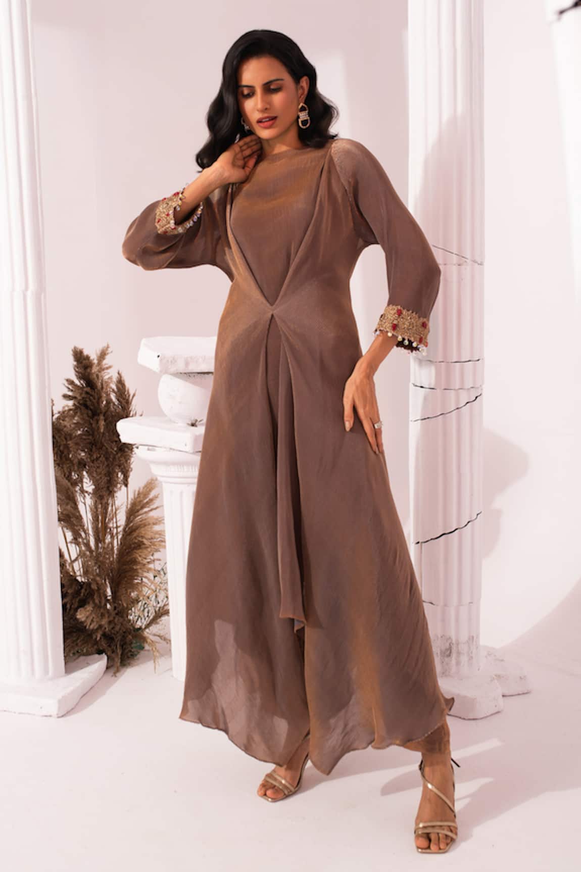 Preeti Mehta Metallic Chestnut Draped Kurta & Pant Set 
