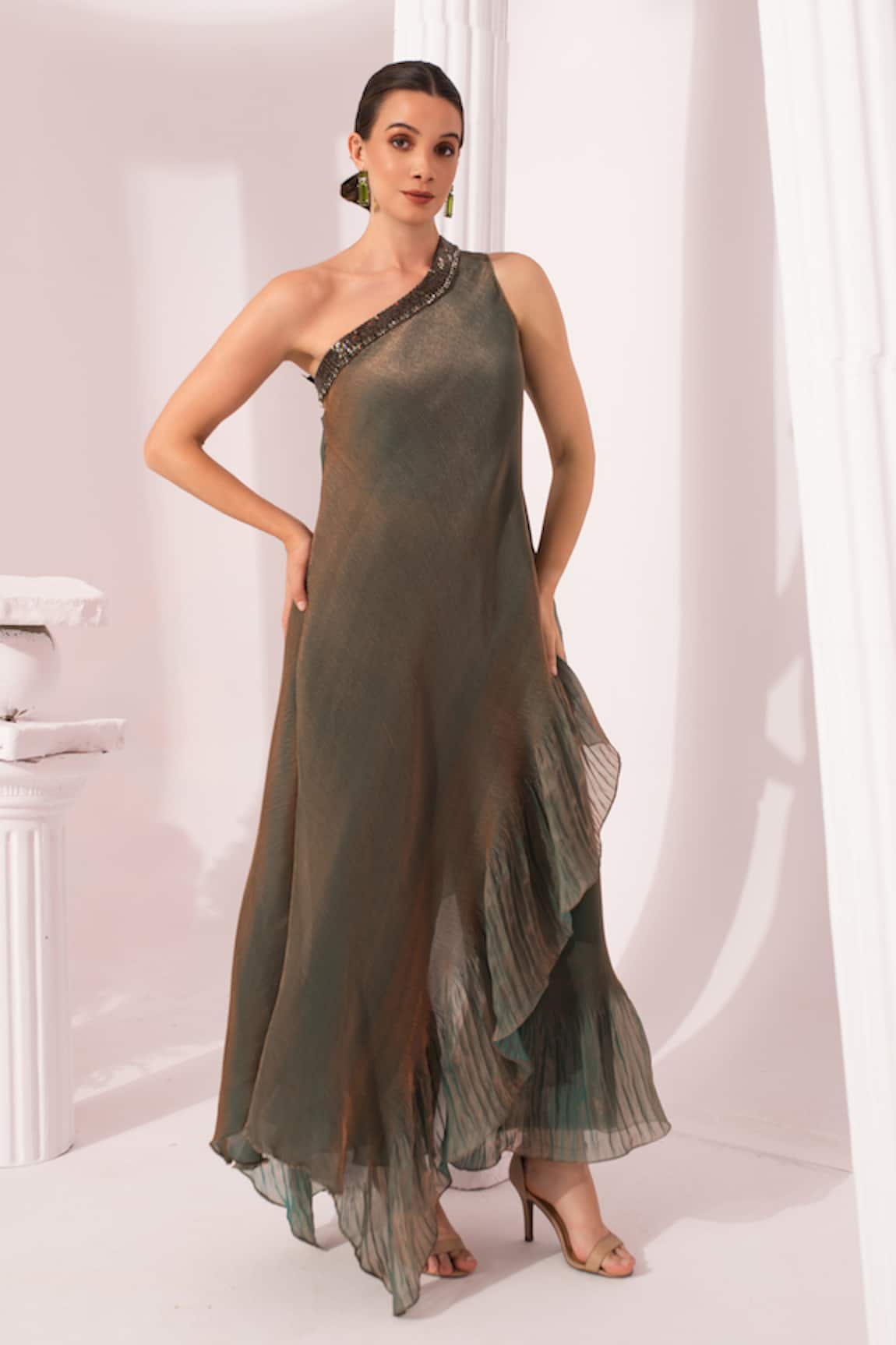 Preeti Mehta Metallic Moss Green One Shoulder Dress 