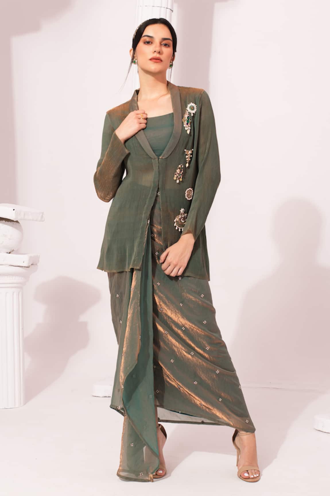 Preeti Mehta Metallic Moss Green Regal Jacket Skirt Set 