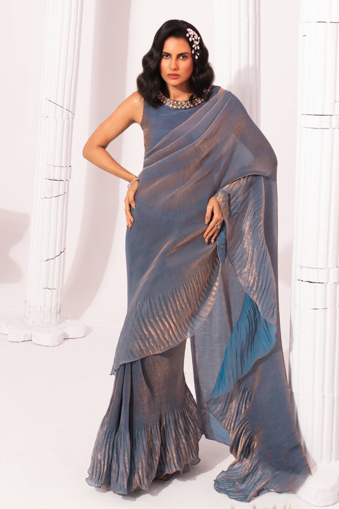 Preeti Mehta Metallic Steel Blue Pre-Draped Saree With Blouse 