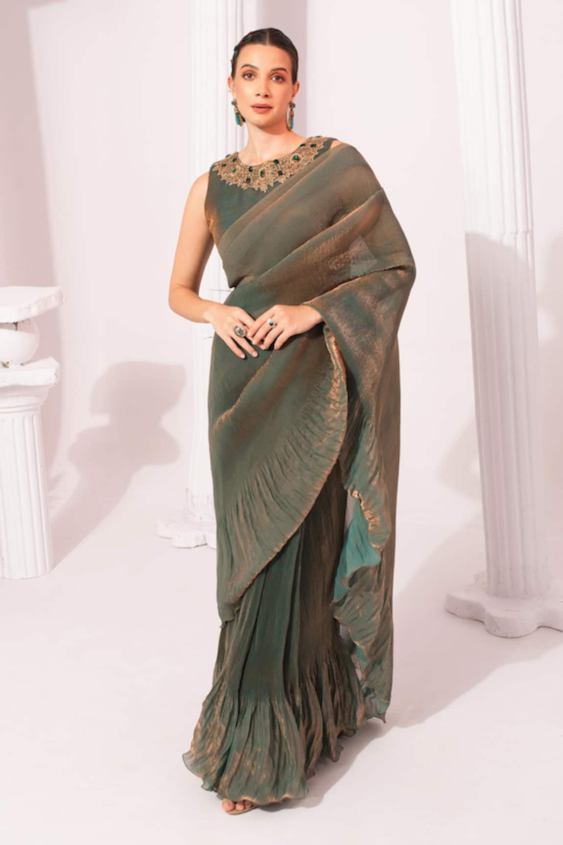Preeti Mehta Metallic Moss Green Pre-Draped Saree With Blouse 