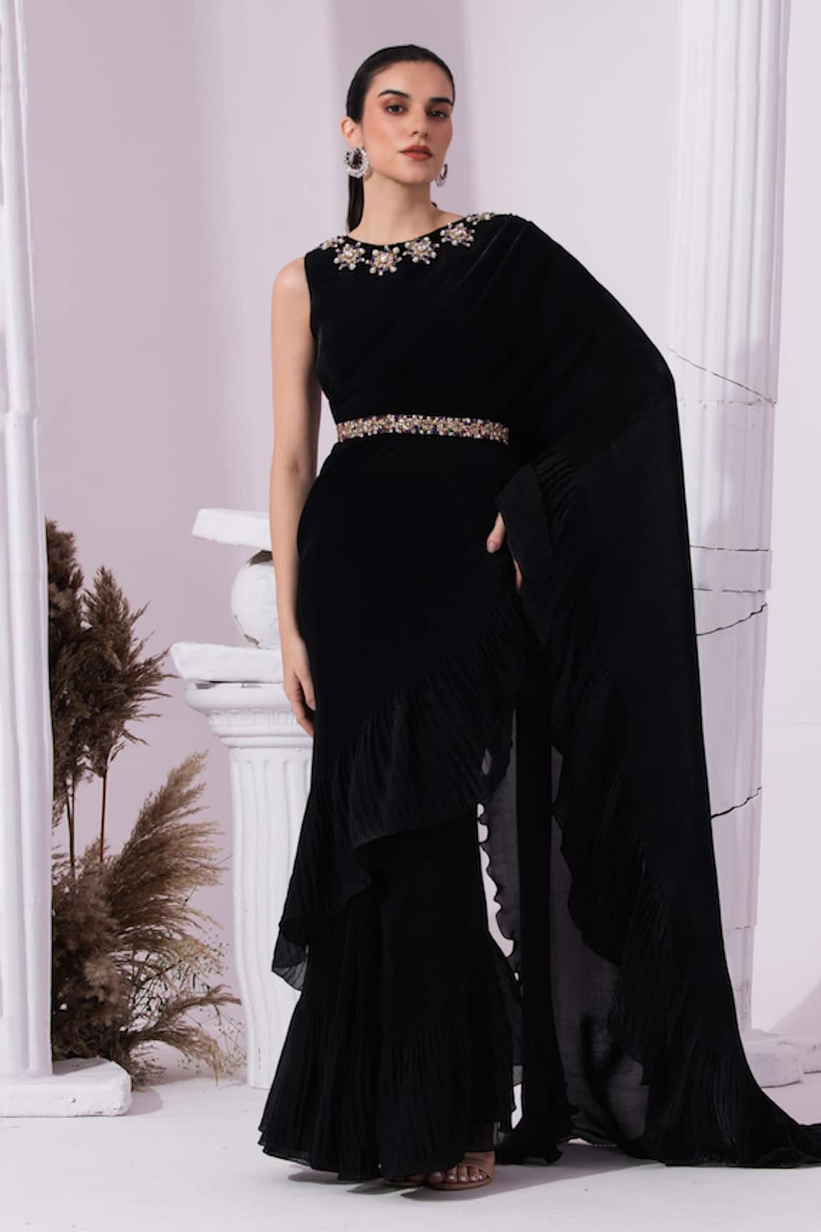 Preeti Mehta Metallic Jet Black Pre-Draped Saree With Blouse 