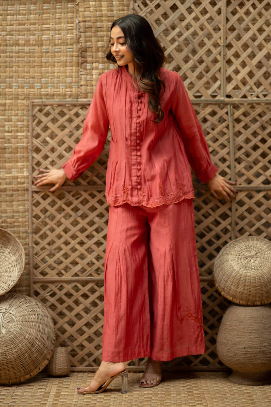 Vaani Beswal Bhumi Chanderi Hand Embroidered Pleated Top & Palazzo Set