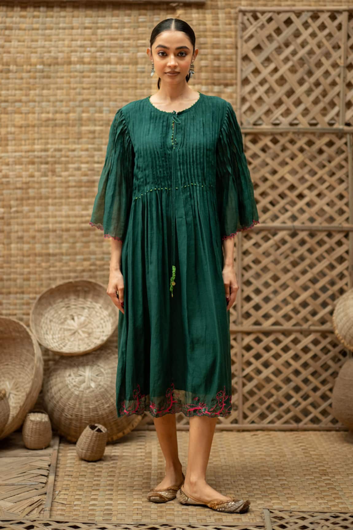 Vaani Beswal Veda Chanderi Pintuck Midi Dress