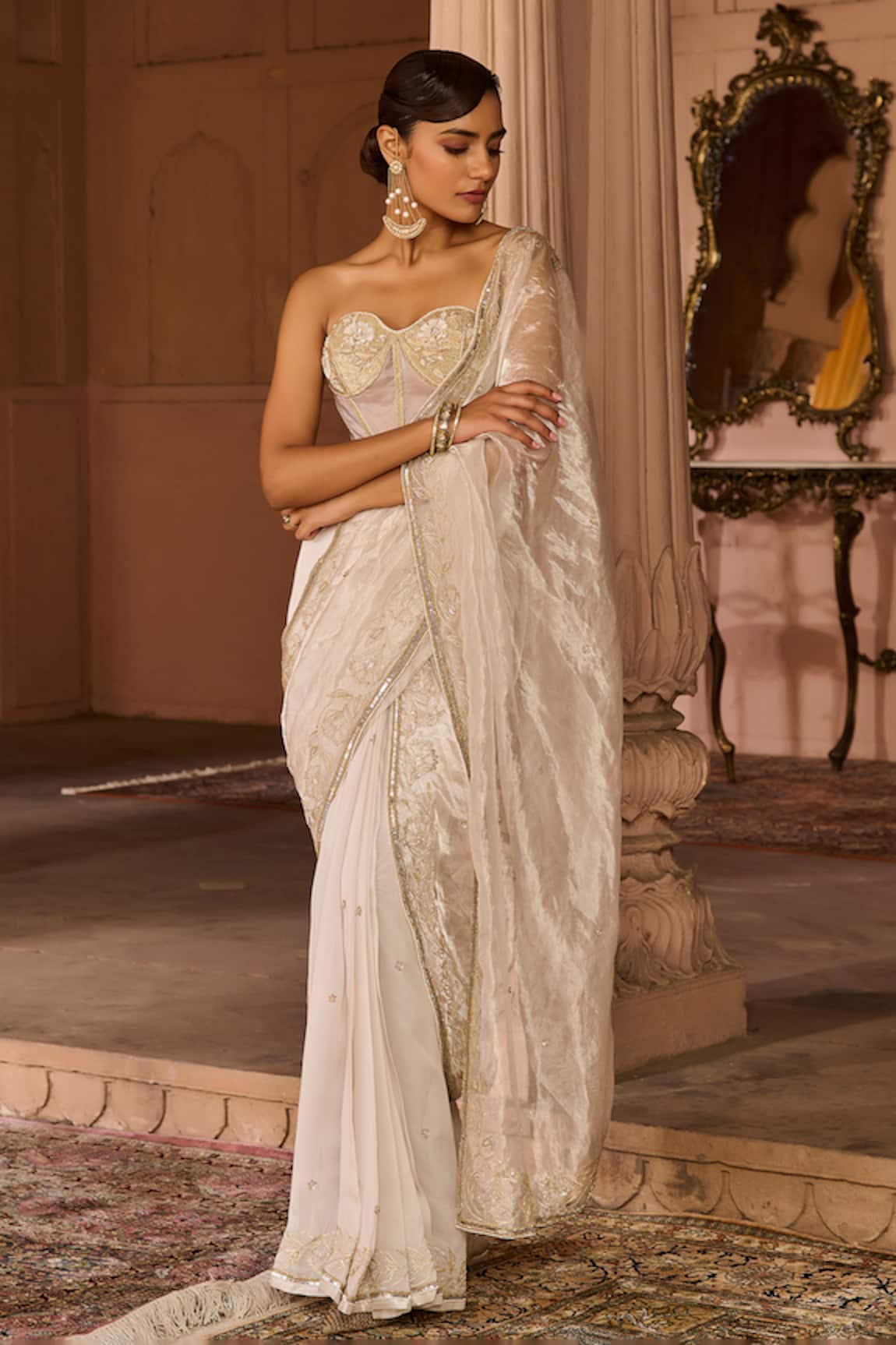 Zoon Aari Work Embroidered Pre-Draped Saree With Corset