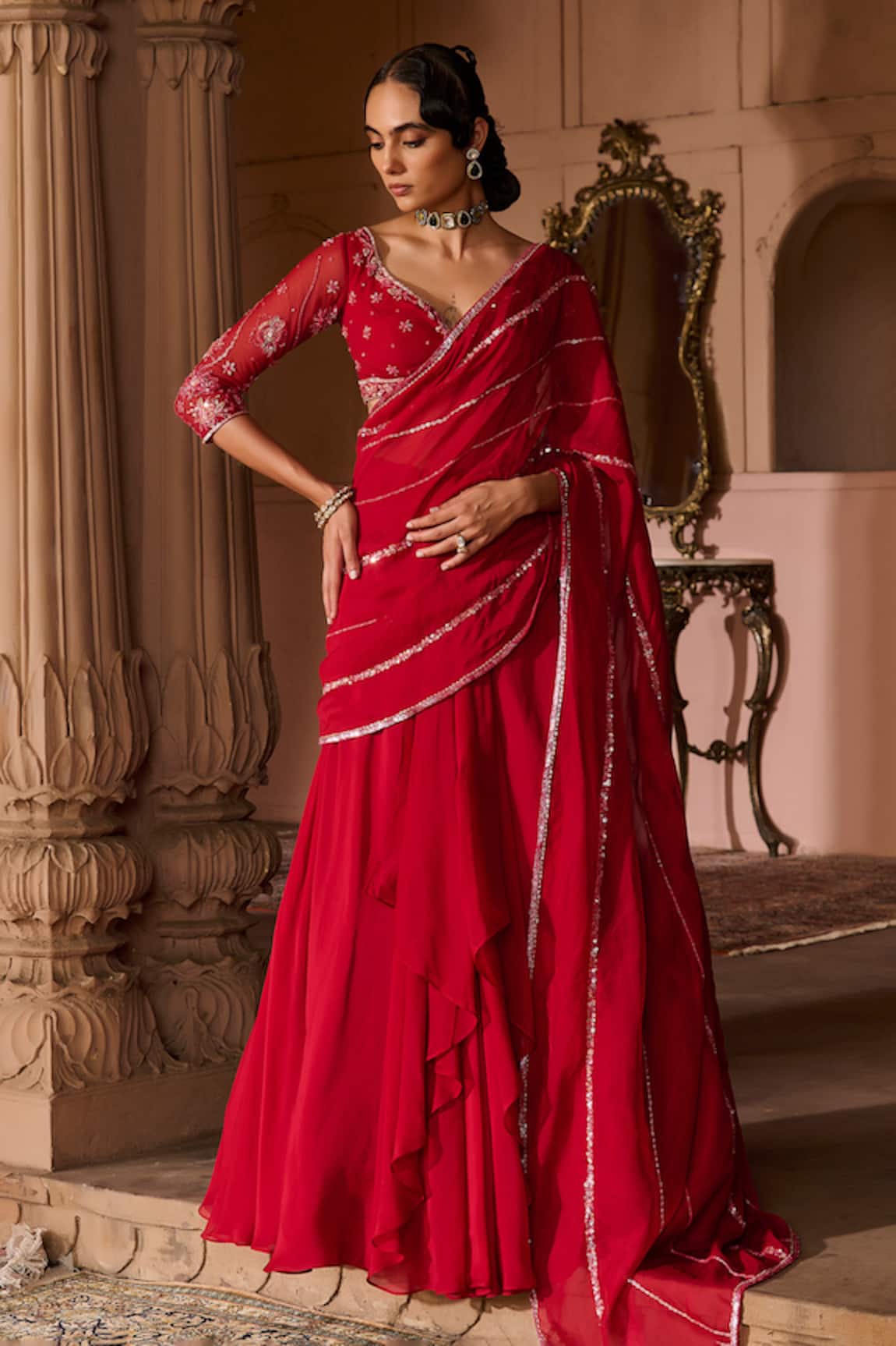 Zoon Aari Embroidered Pre-Draped Saree With Blouse