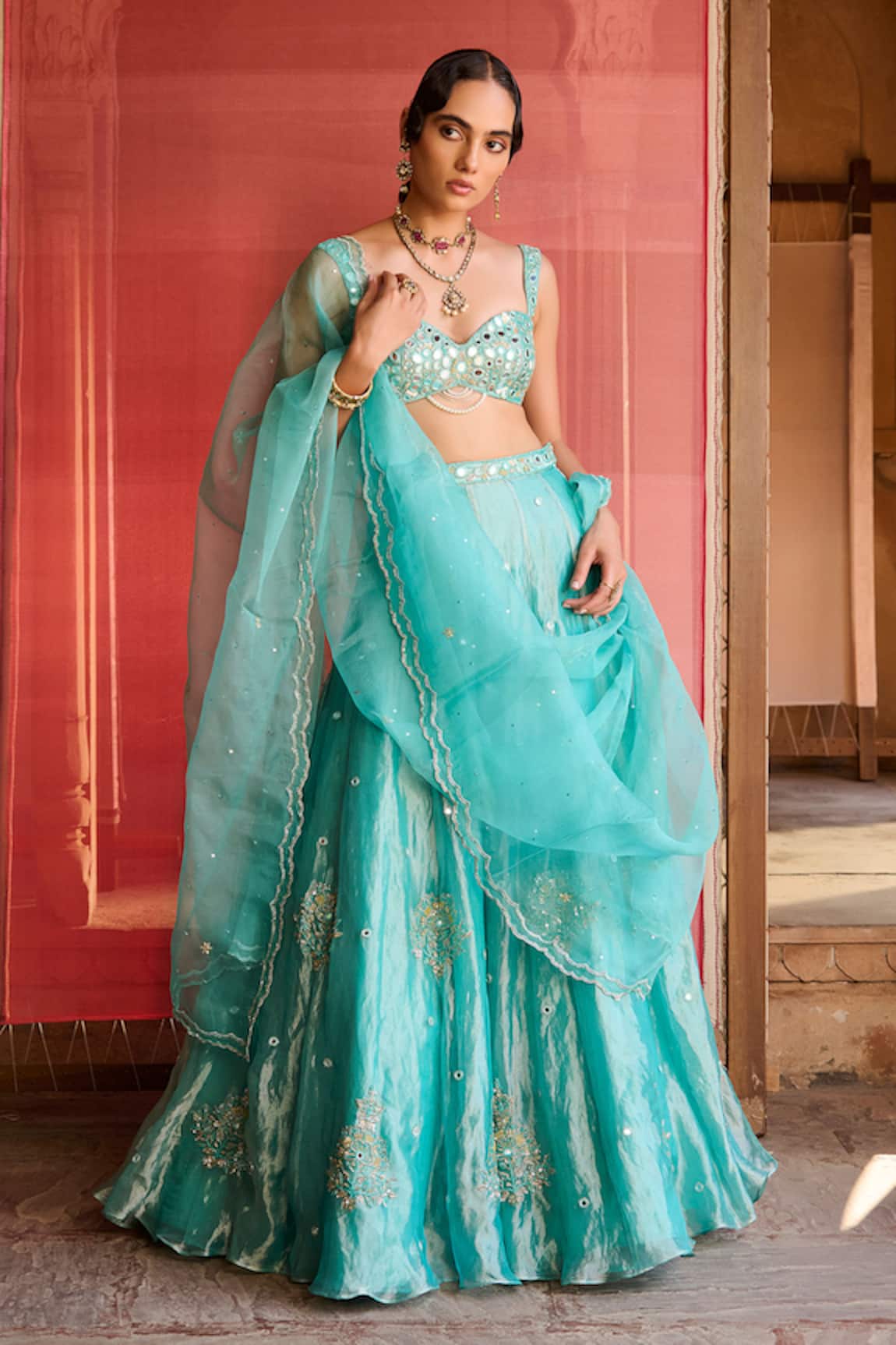 Zoon Aari Mirror Work Kalidar Lehenga Set