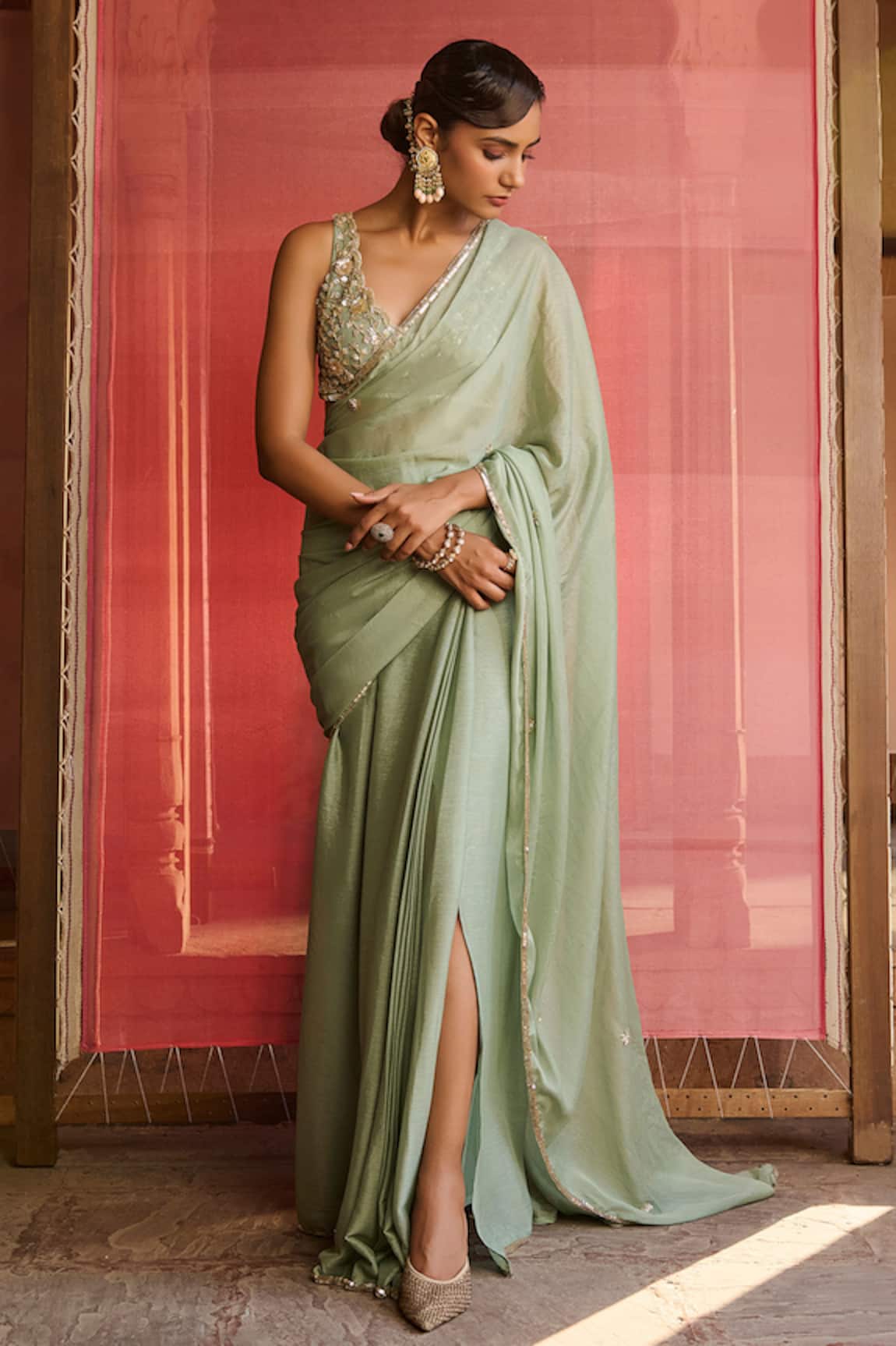 Zoon Aari Embroidered Pre-Draped Saree With Blouse