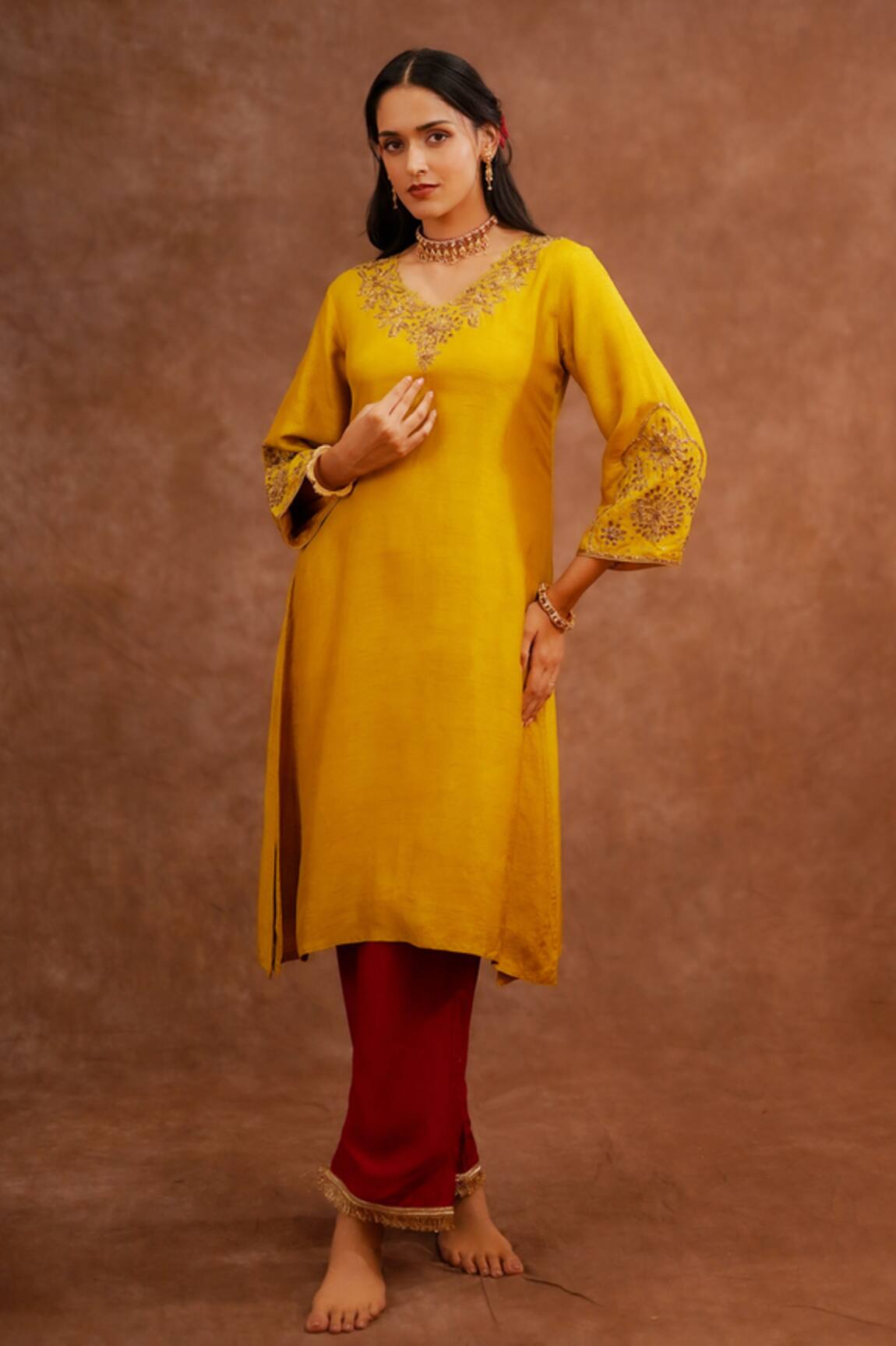 World of Sugandh Haldi Gulab Embroidered Kurta & Pant Set 