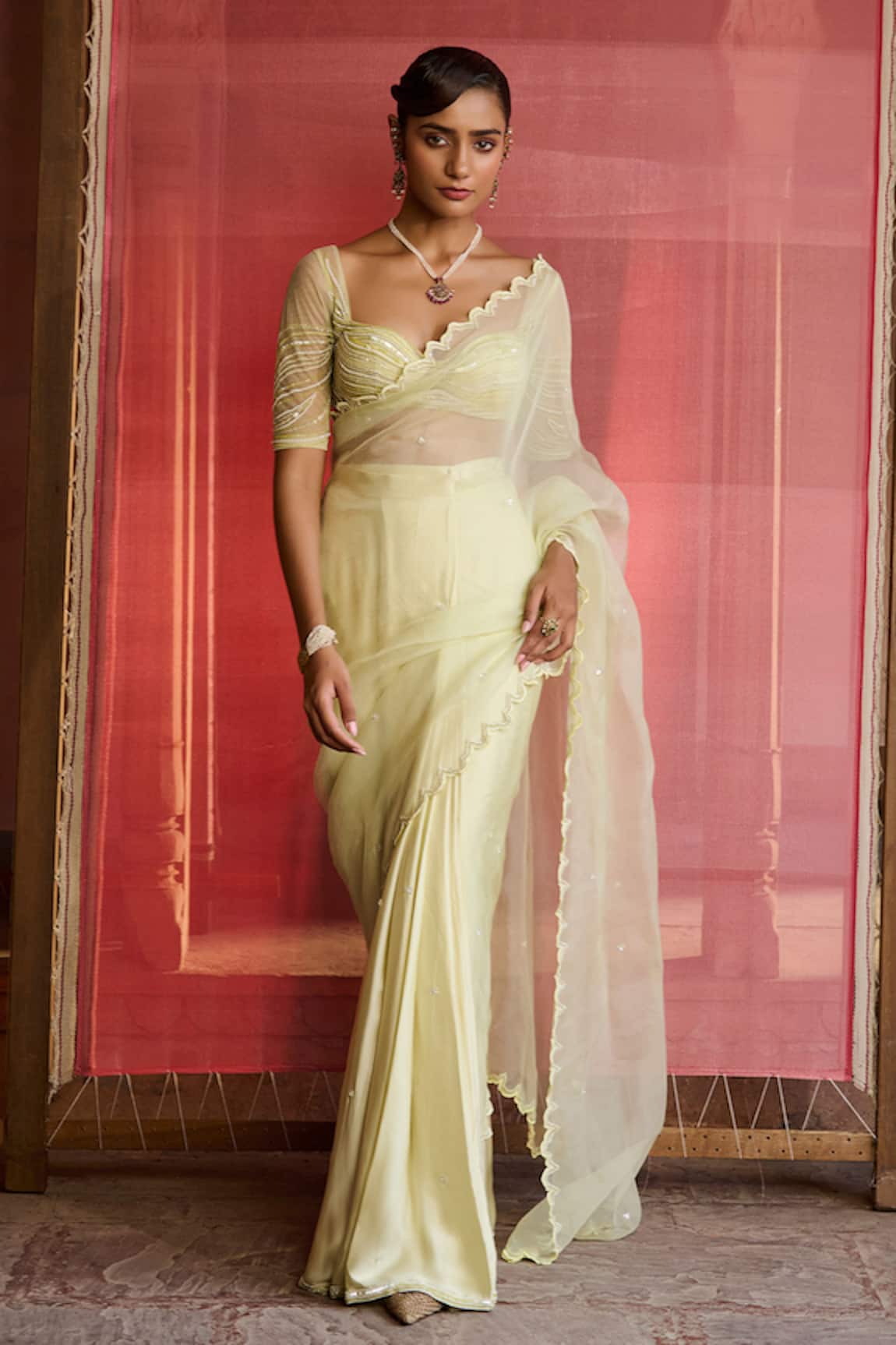 Zoon Aari Embroidered Pre-Draped Saree With Blouse