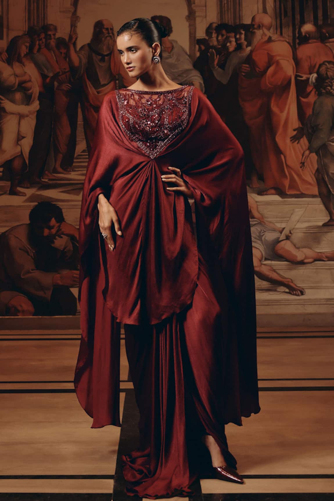 Adaara Couture Embroidered Net & Satin Chiffon Kaftan With Cape