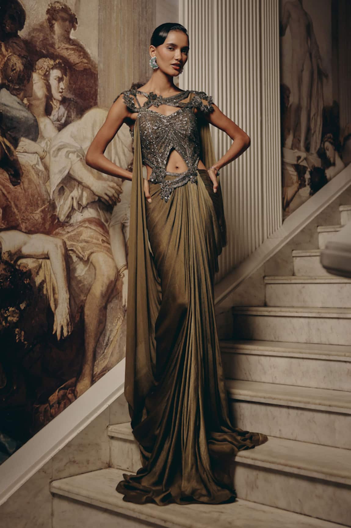 Adaara Couture Embellished Cut-Out Gown With Draped Skirt