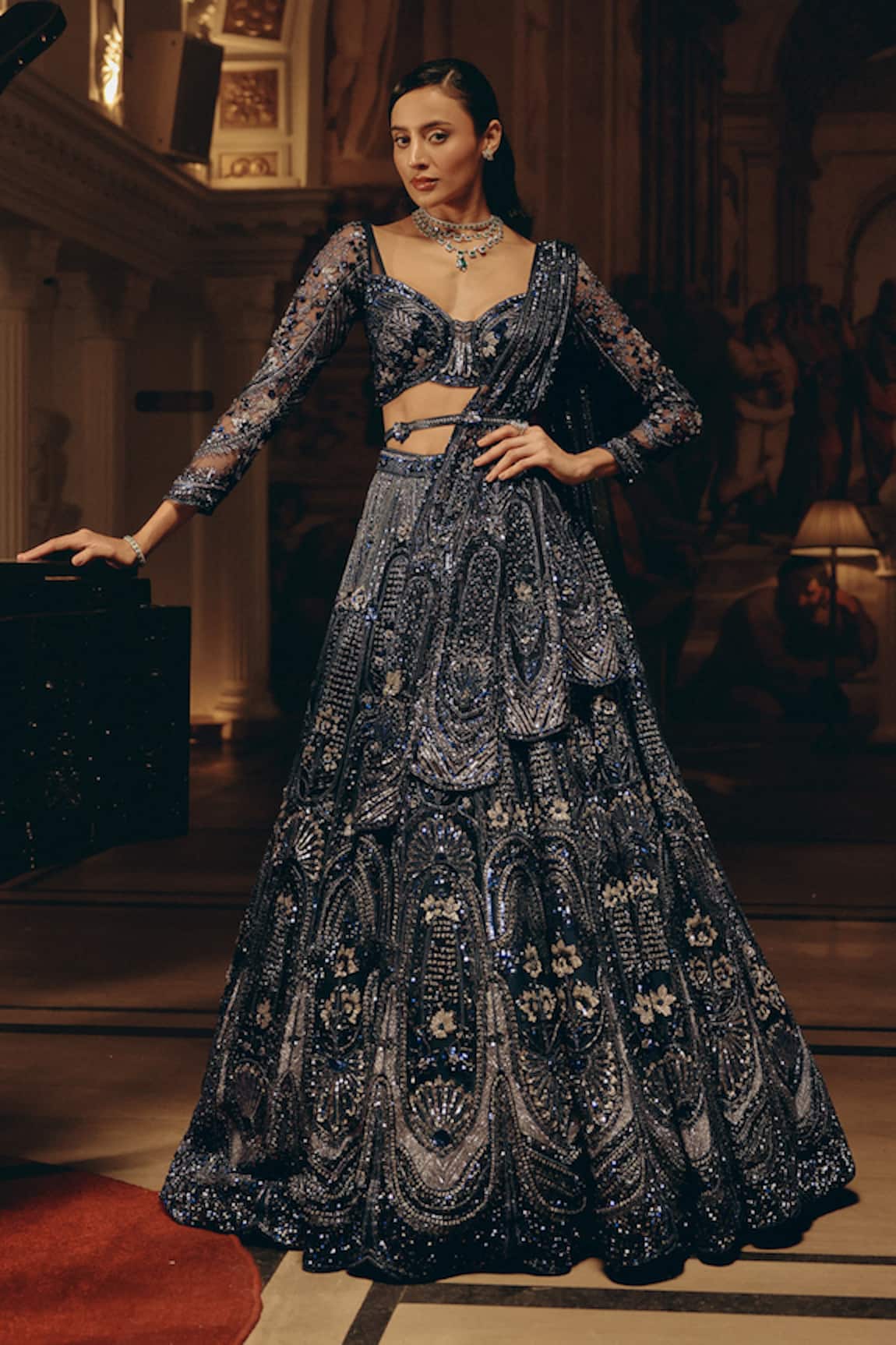 Adaara Couture Embellished Net Lehenga Blouse Set With Belt & Dupatta