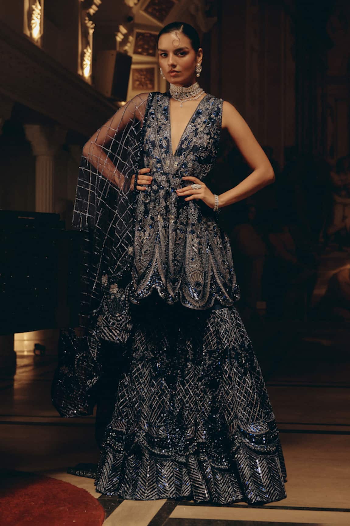 Adaara Couture Embroidered Peplum Kurta & Tiered Sharara Set