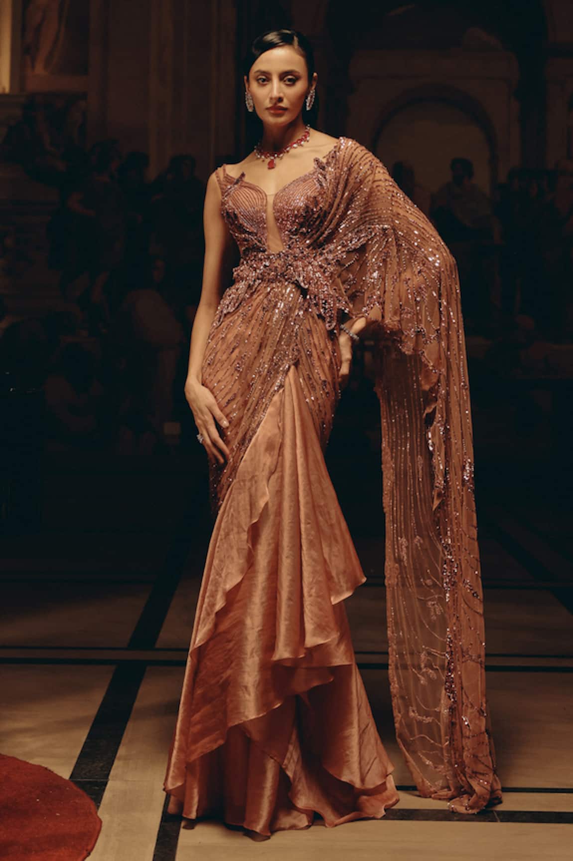 Adaara Couture Embellished Net & Satin Organza Saree Gown