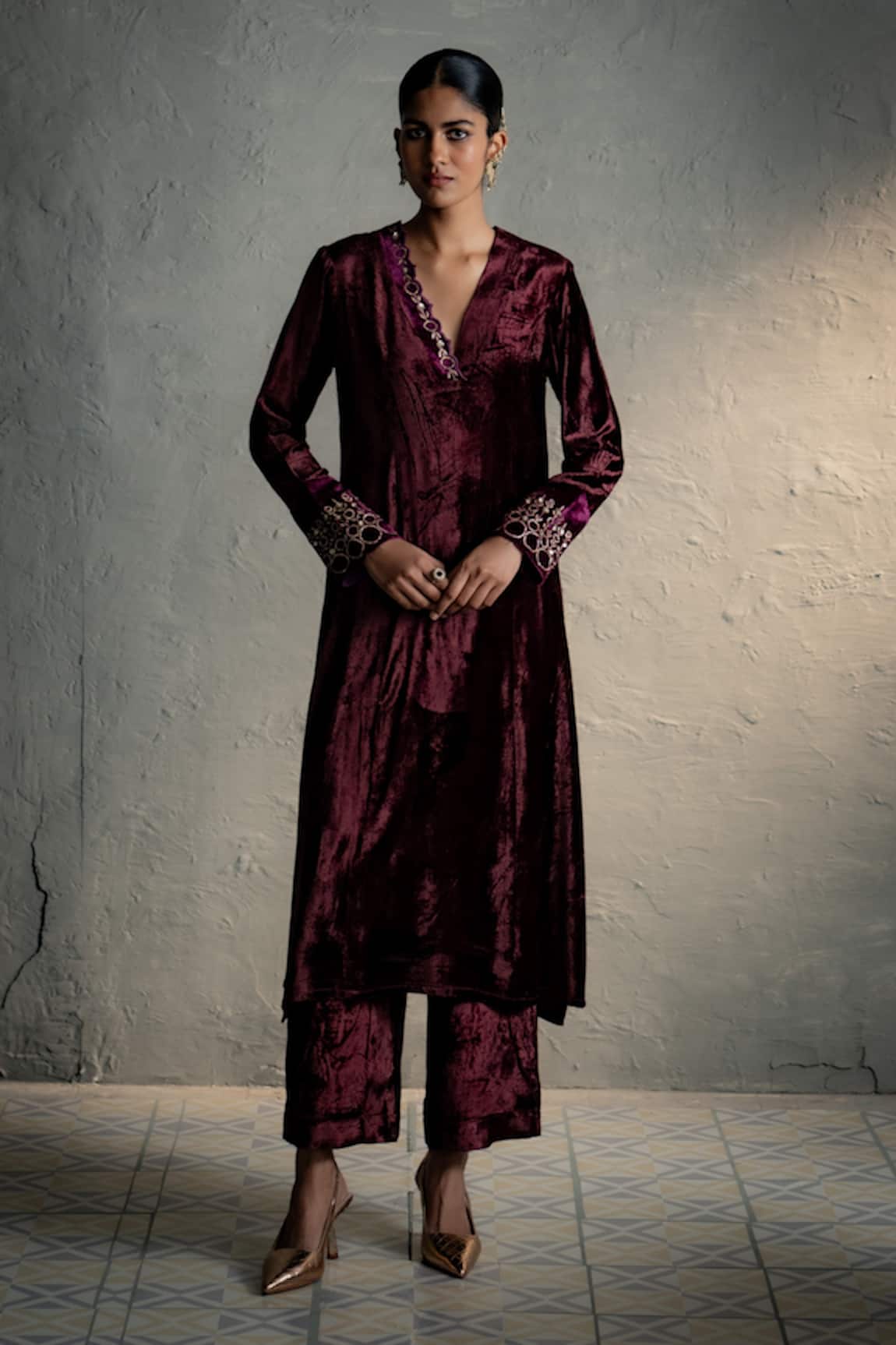 Charkhee Velvet Placed Embroidered Kurta Set