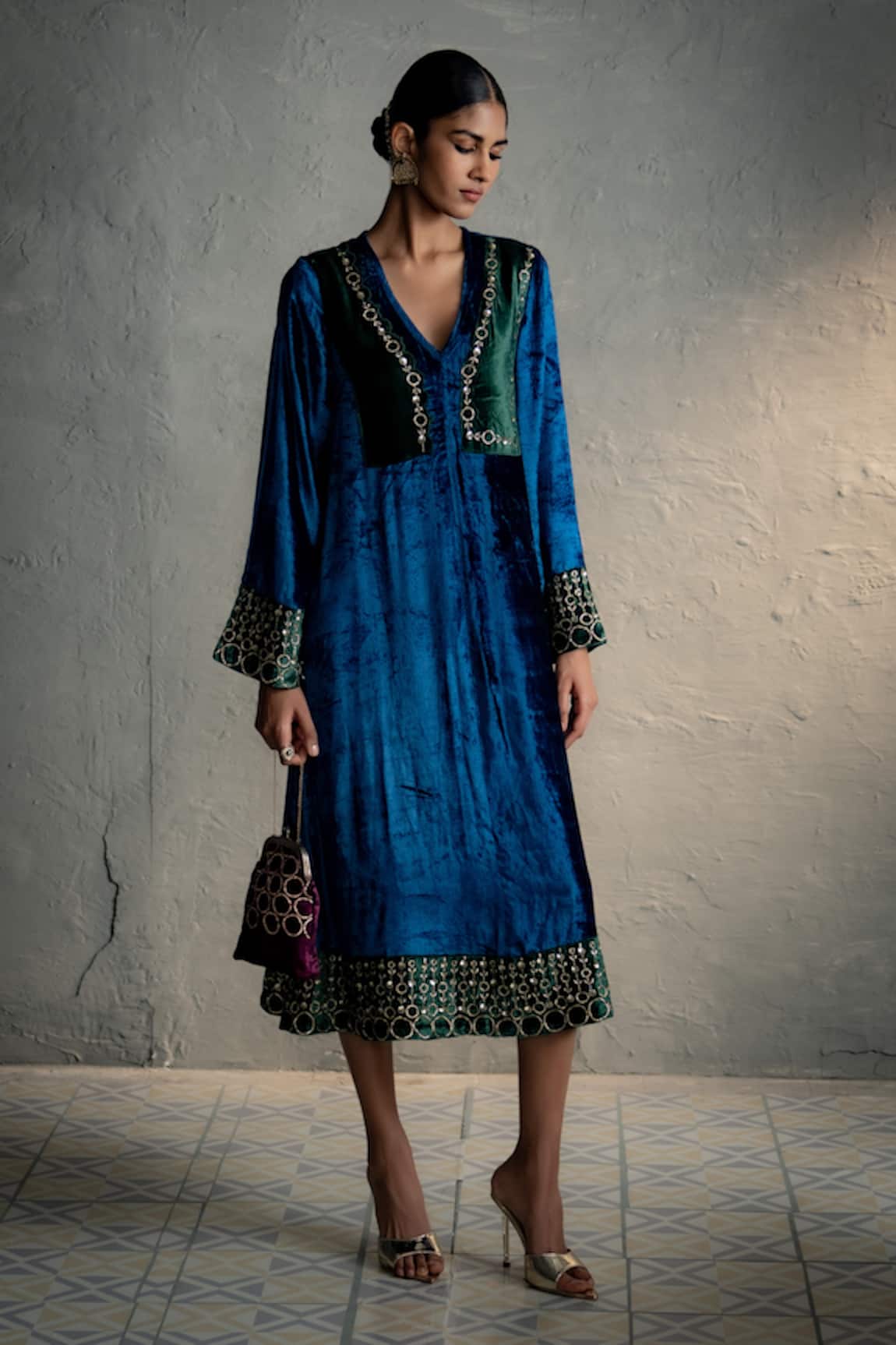 Charkhee Circular & Floral Embroidered Velvet Dress