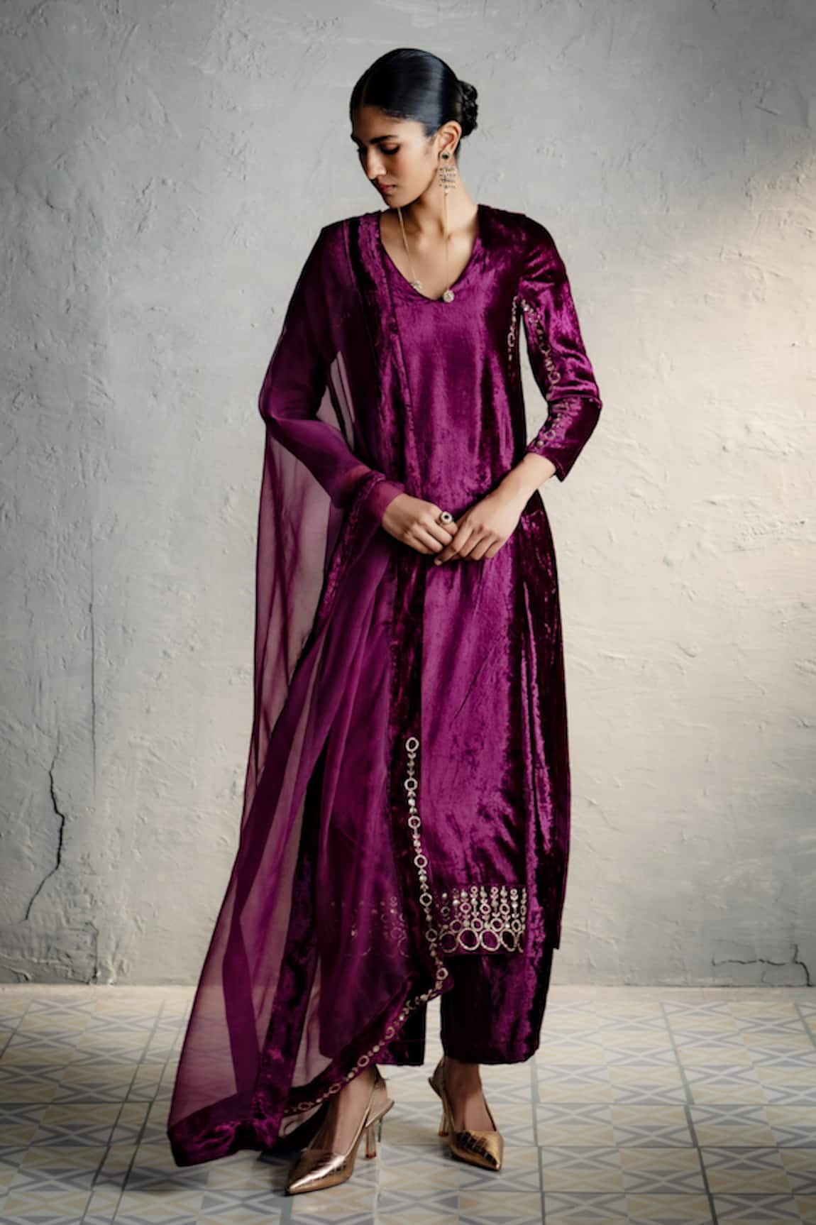 Charkhee Placed Embroidered Velvet Kurta Palazzo Set