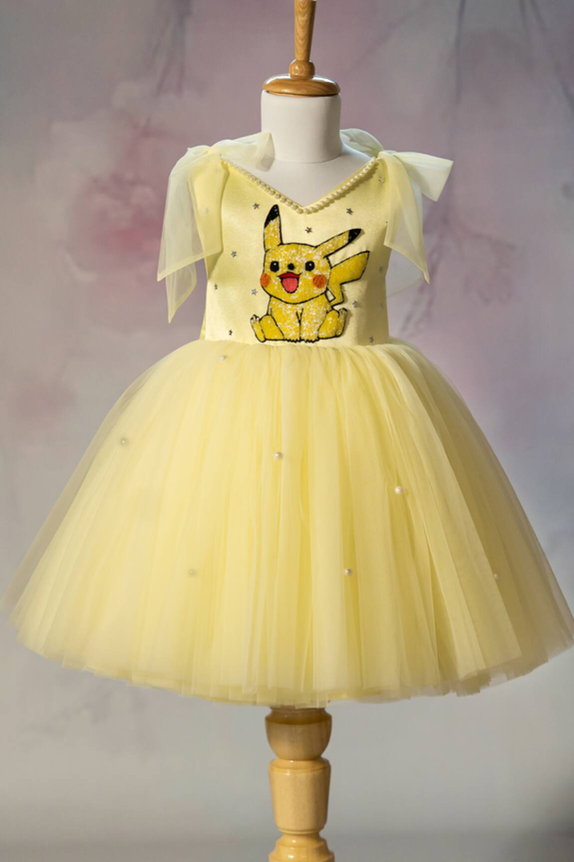 Ruchika Lath Label Pikachu Hand Embroidered Net Kids Dress