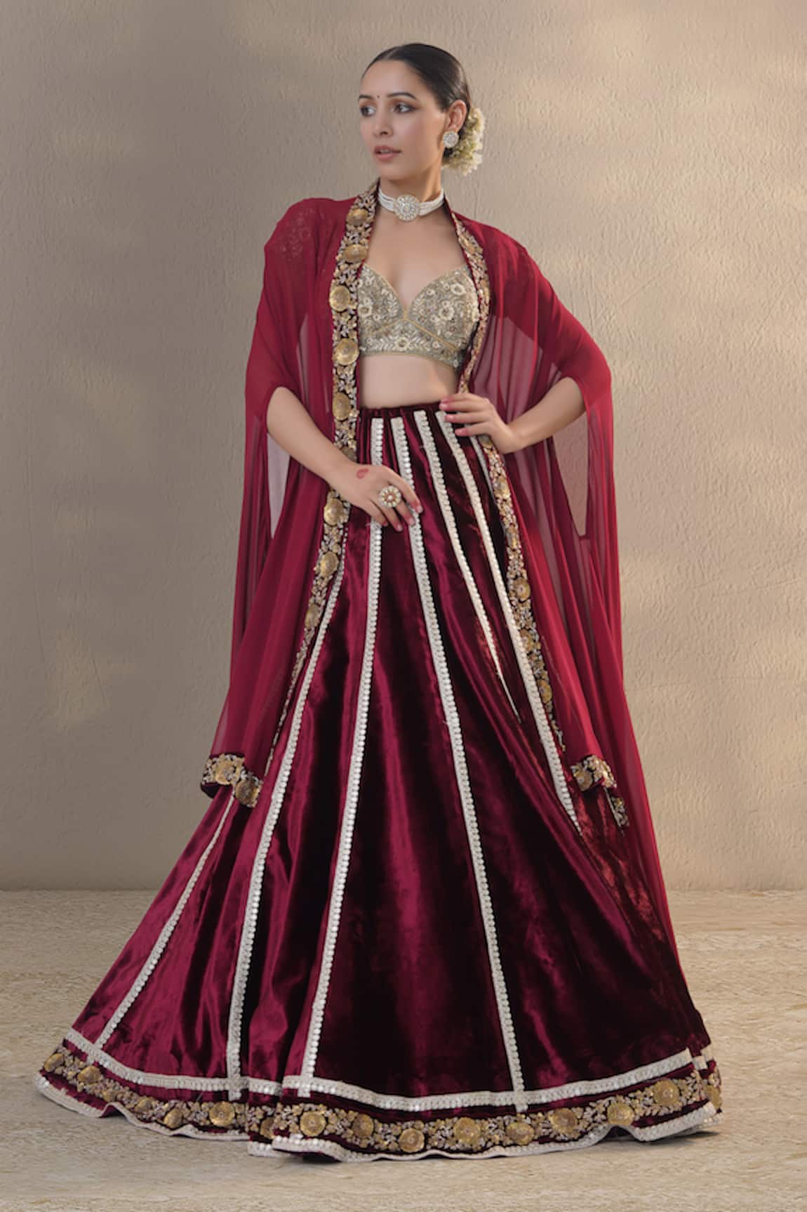 RICHA AHLUWALIA Zardozi Embroidered Velvet Lehenga Blouse & Cape