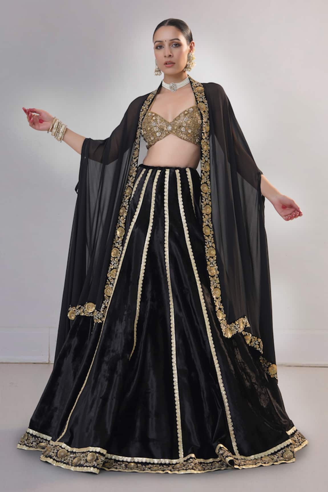 RICHA AHLUWALIA Velvet Zardozi & Sequin Embroidered Lehenga Set