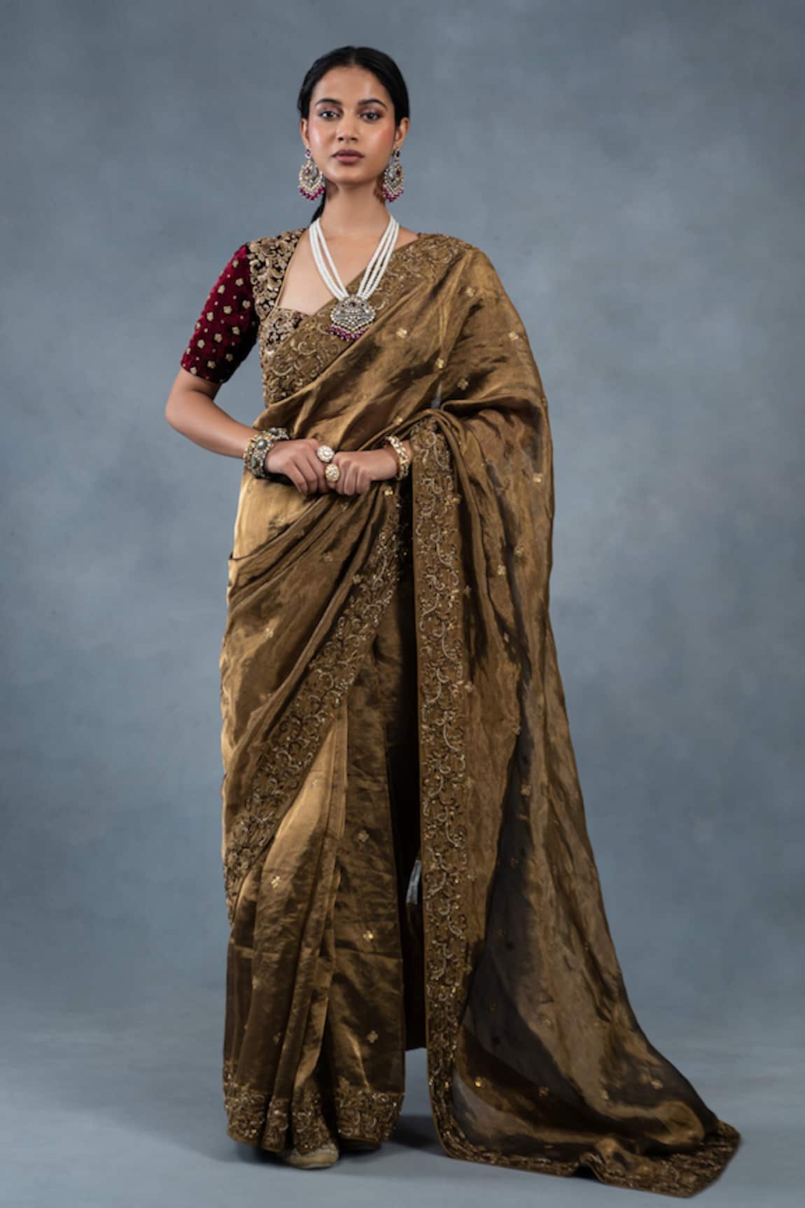 RICHA AHLUWALIA Tissue Hand Embroidered Saree & Velvet Blouse