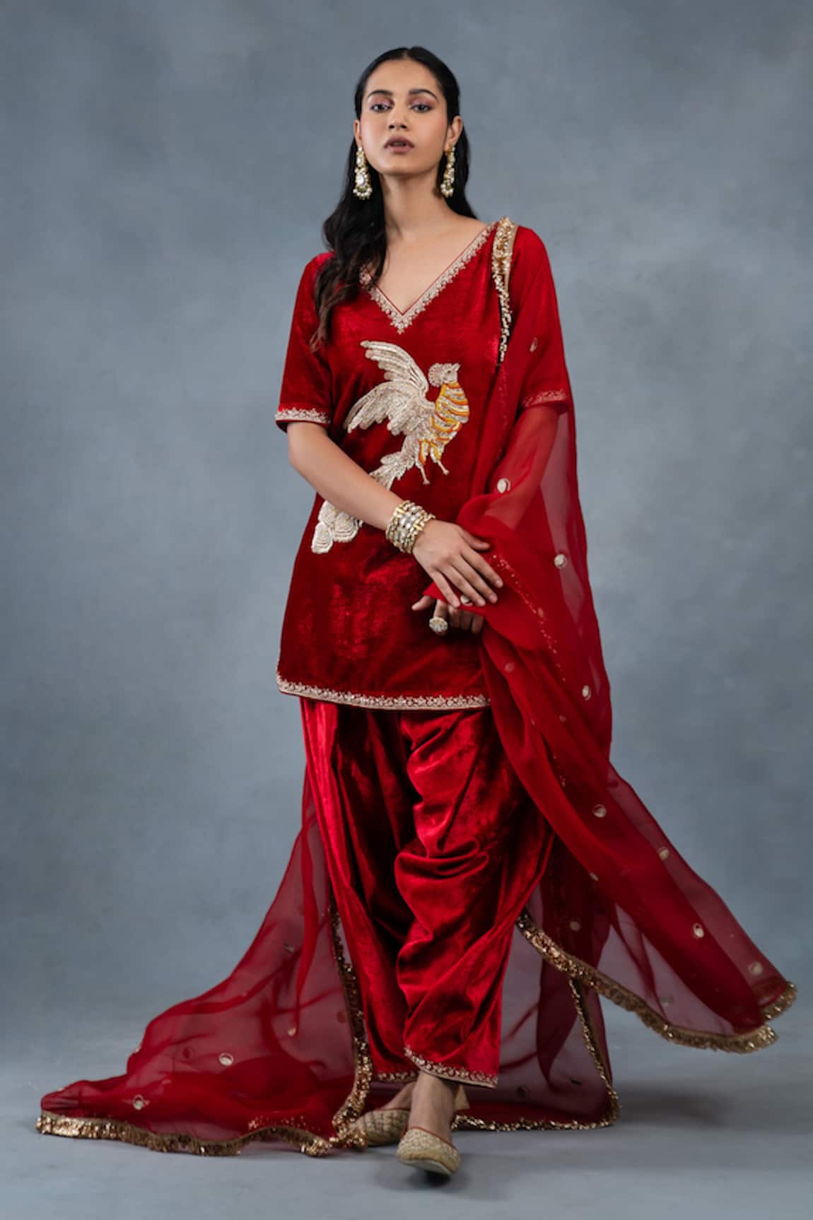 RICHA AHLUWALIA Velvet Bird Embroidered Kurta Set With Patiyala Salwar & Dupatta