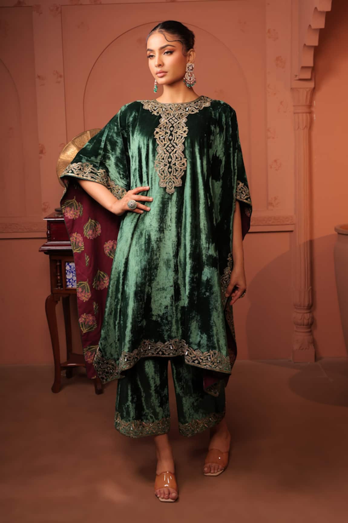 RICHA AHLUWALIA Silk Velvet Embroidered Kaftan With Palazzo