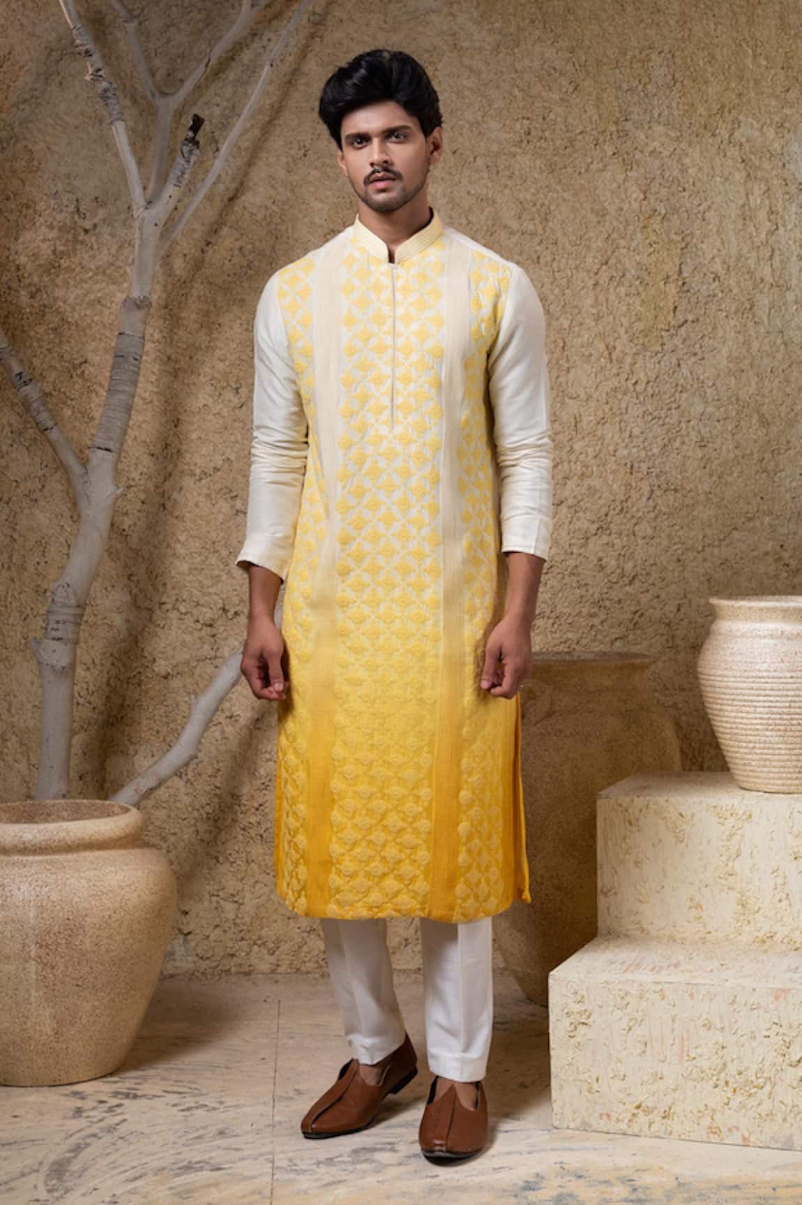 Darshika Menswear Ombre Yellow Embroidered Kurta Set 