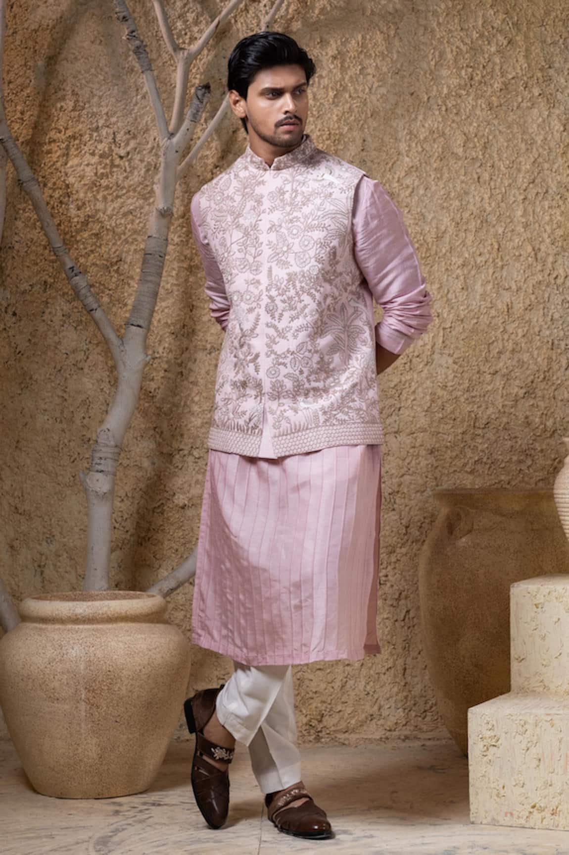 Darshika Menswear Pink Hand Embroidered Bundi Set
