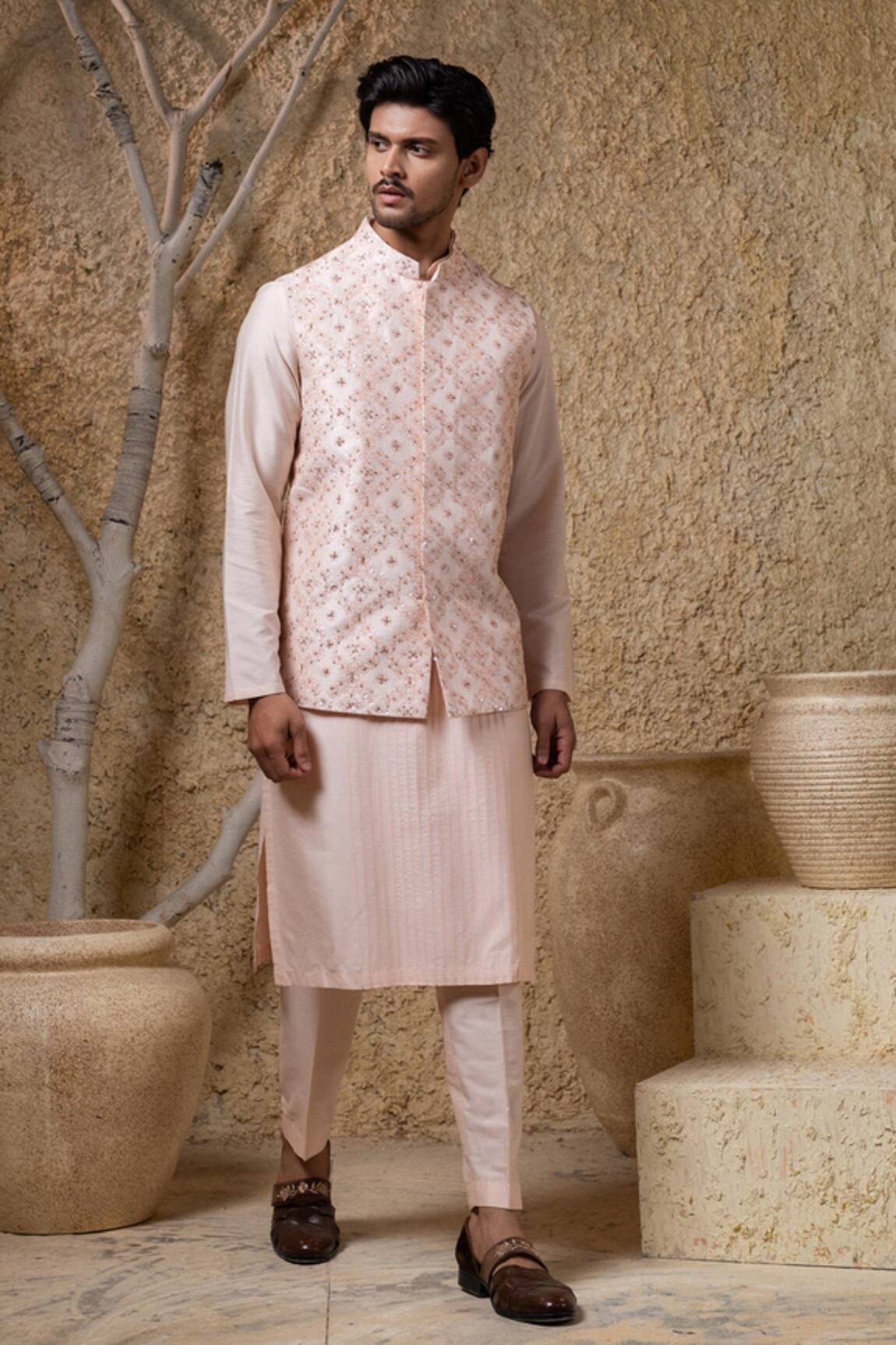 Darshika Menswear Pink Embellished Bundi Kurta Set