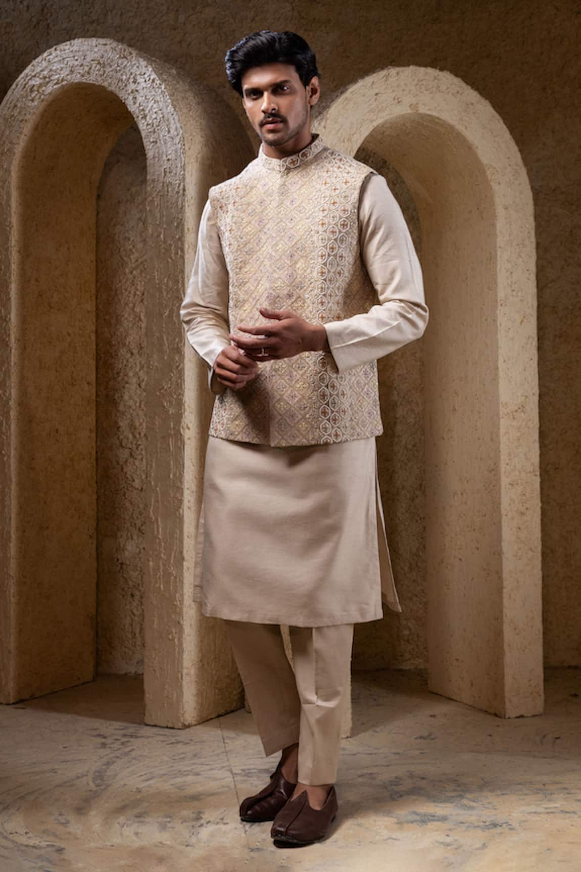 Darshika Menswear Beige Hand Embroidered Bundi & Kurta Set 
