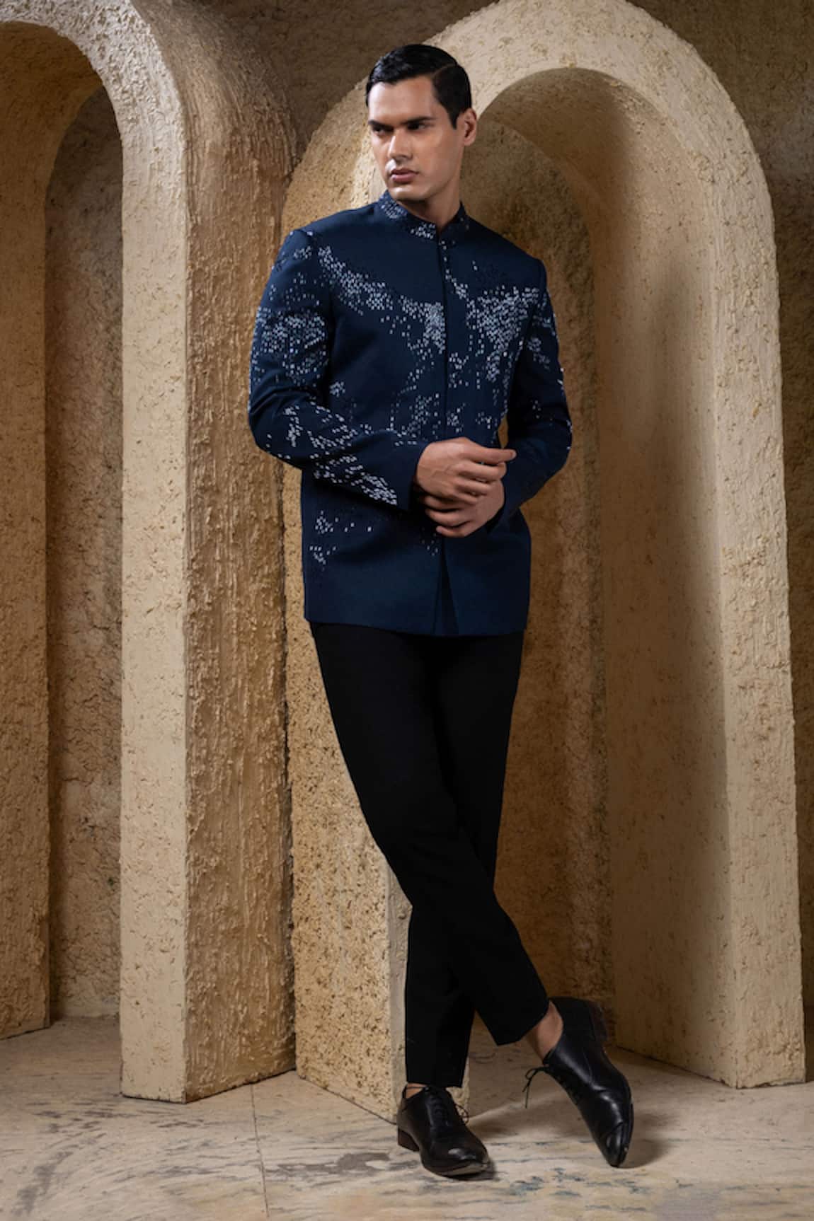 Darshika Menswear Blue Embellished Bandhgala Set 