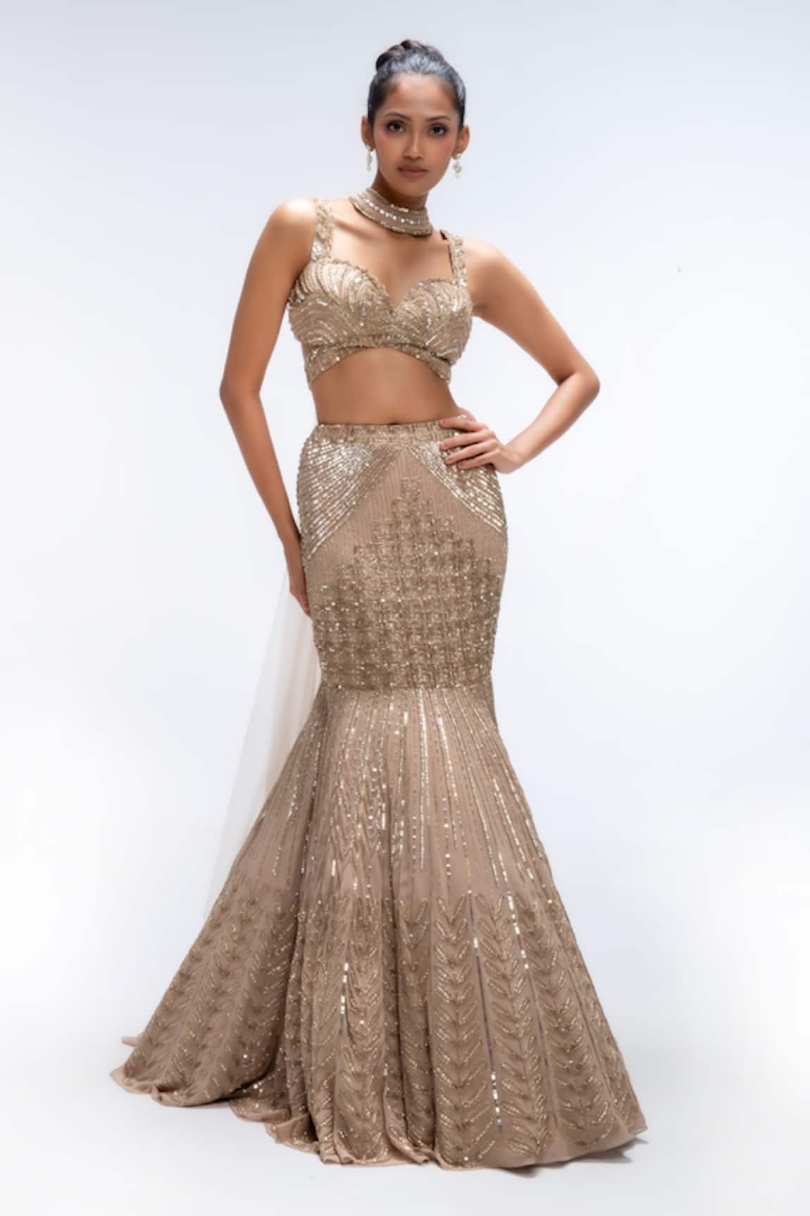 Mirroir Embroidered Fish Cut Lehenga Blouse Set